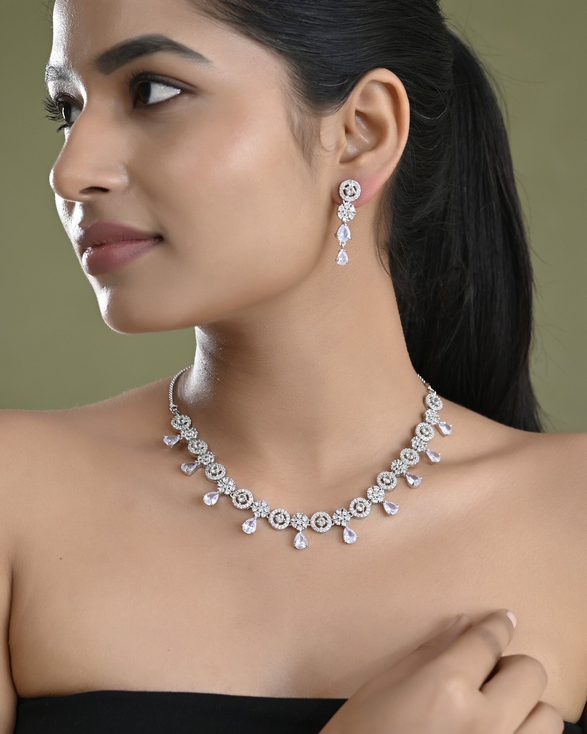 VOJ Silver Plated Floral And Cricular AD Jewellery Set VOJ (Valley Of Jewellery)