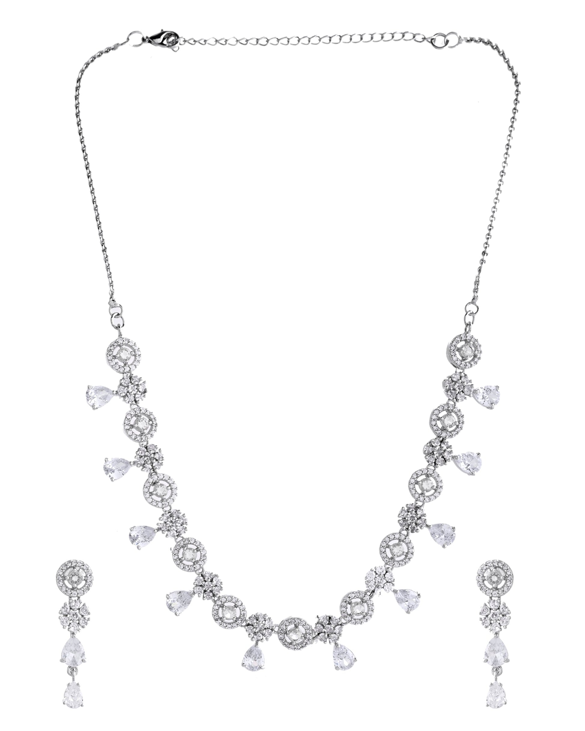 VOJ Silver Plated Floral And Cricular AD Jewellery Set VOJ (Valley Of Jewellery)