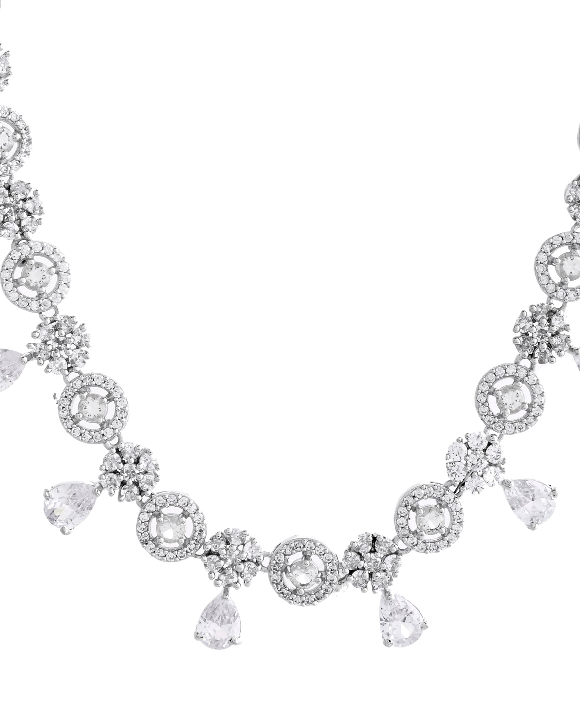 VOJ Silver Plated Floral And Cricular AD Jewellery Set VOJ (Valley Of Jewellery)