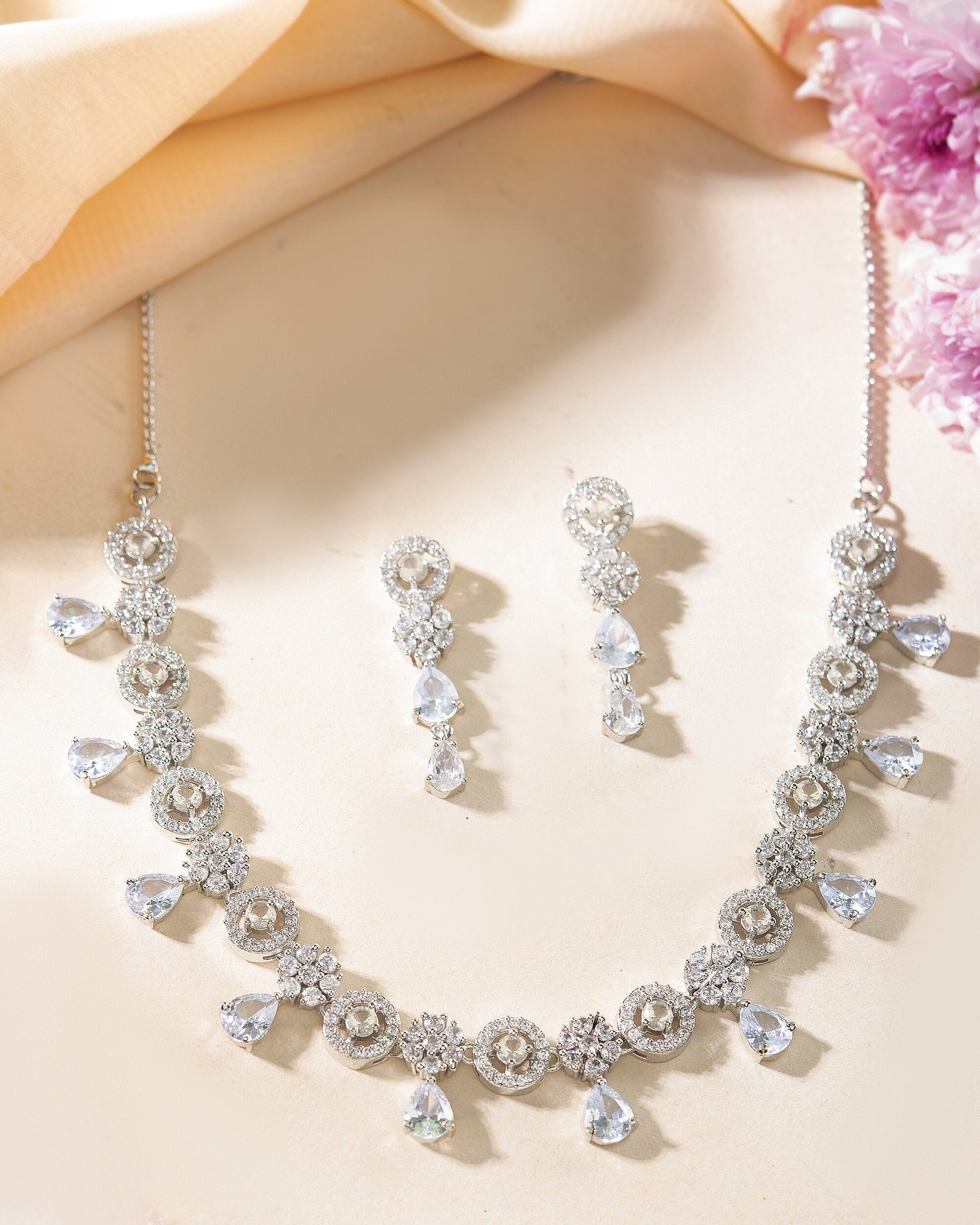 VOJ Silver Plated Floral And Cricular AD Jewellery Set VOJ (Valley Of Jewellery)