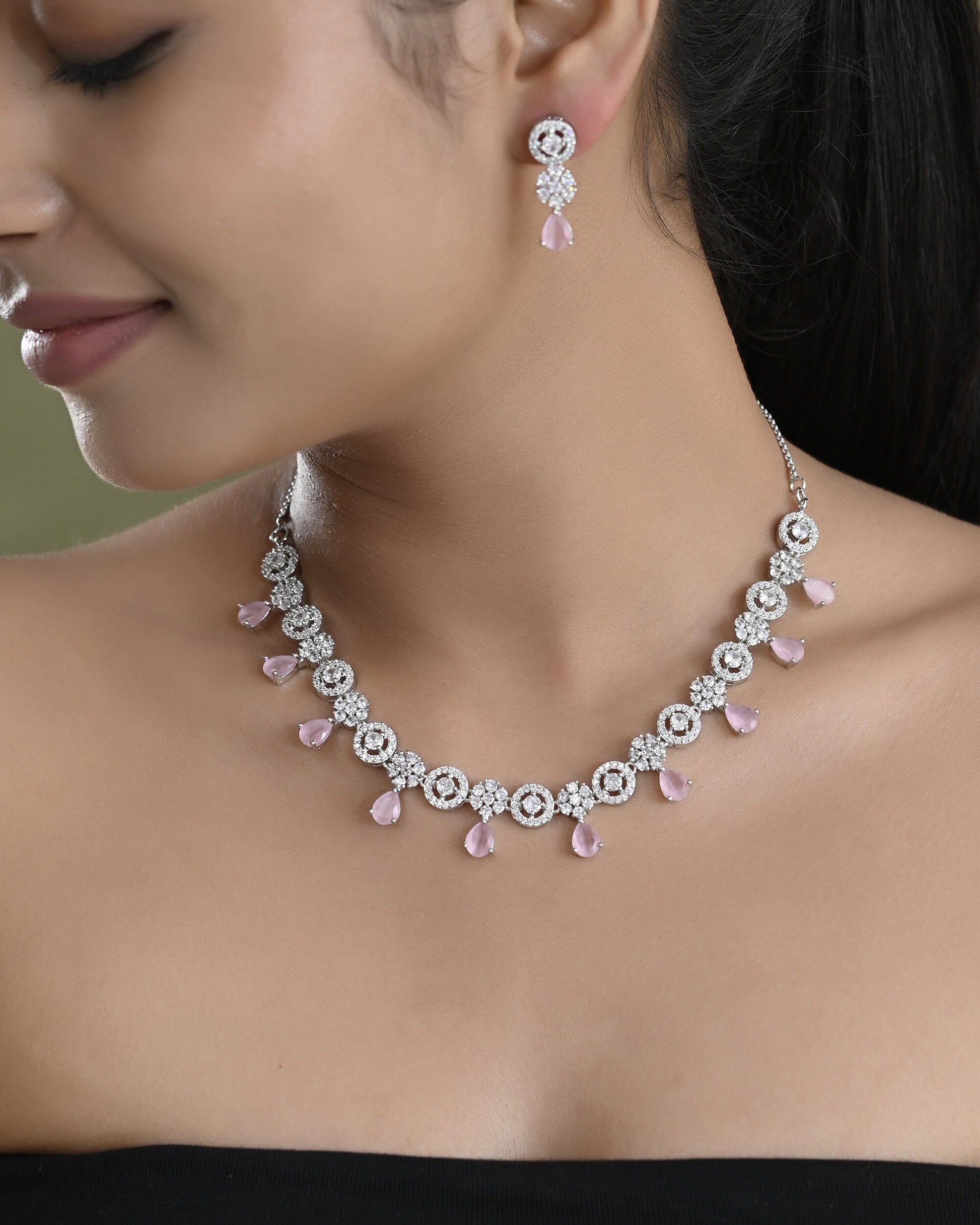 VOJ Silver Plated Baby Pink Stone Floral And Cricular AD Jewellery Set VOJ (Valley Of Jewellery)