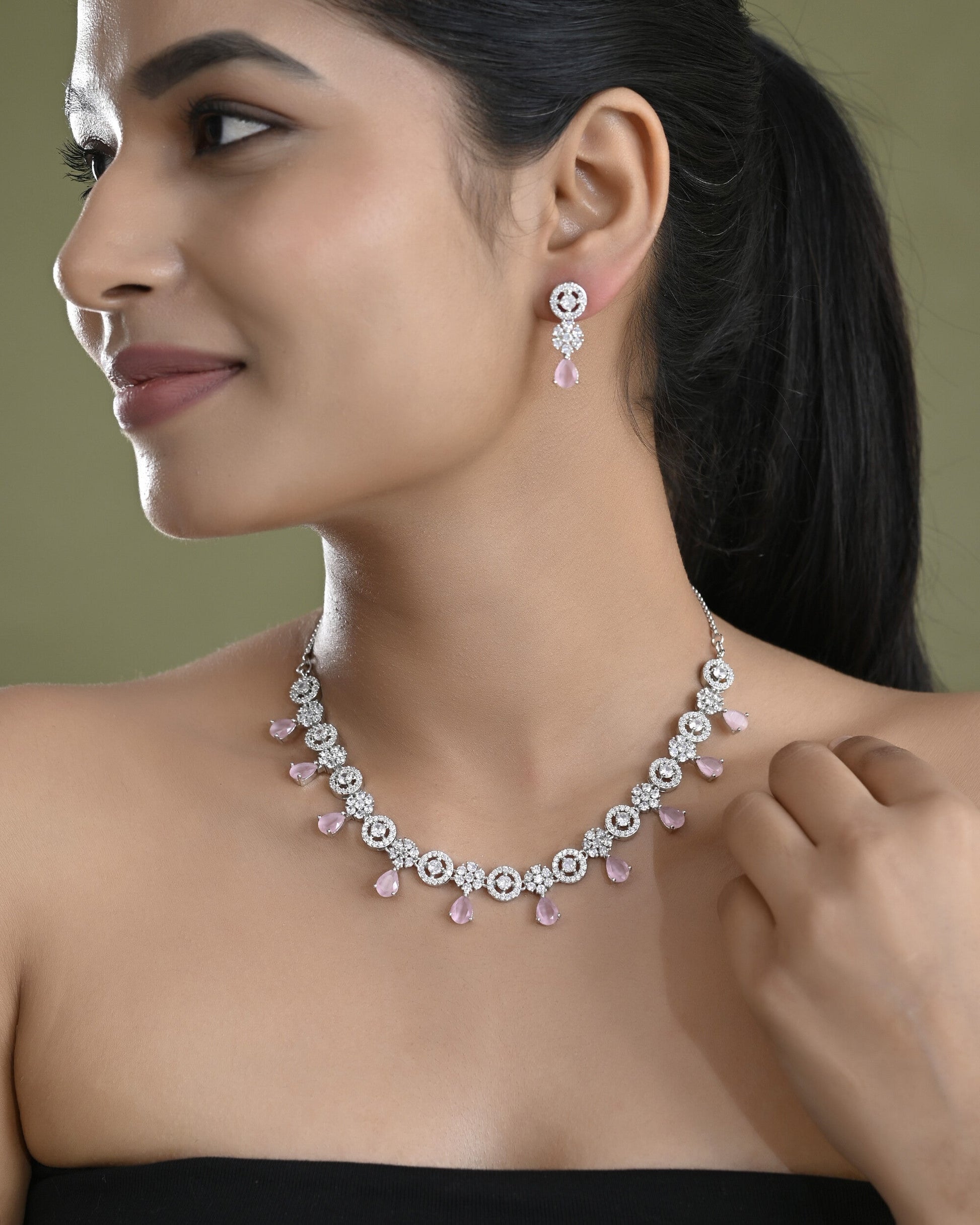 VOJ Silver Plated Baby Pink Stone Floral And Cricular AD Jewellery Set VOJ (Valley Of Jewellery)