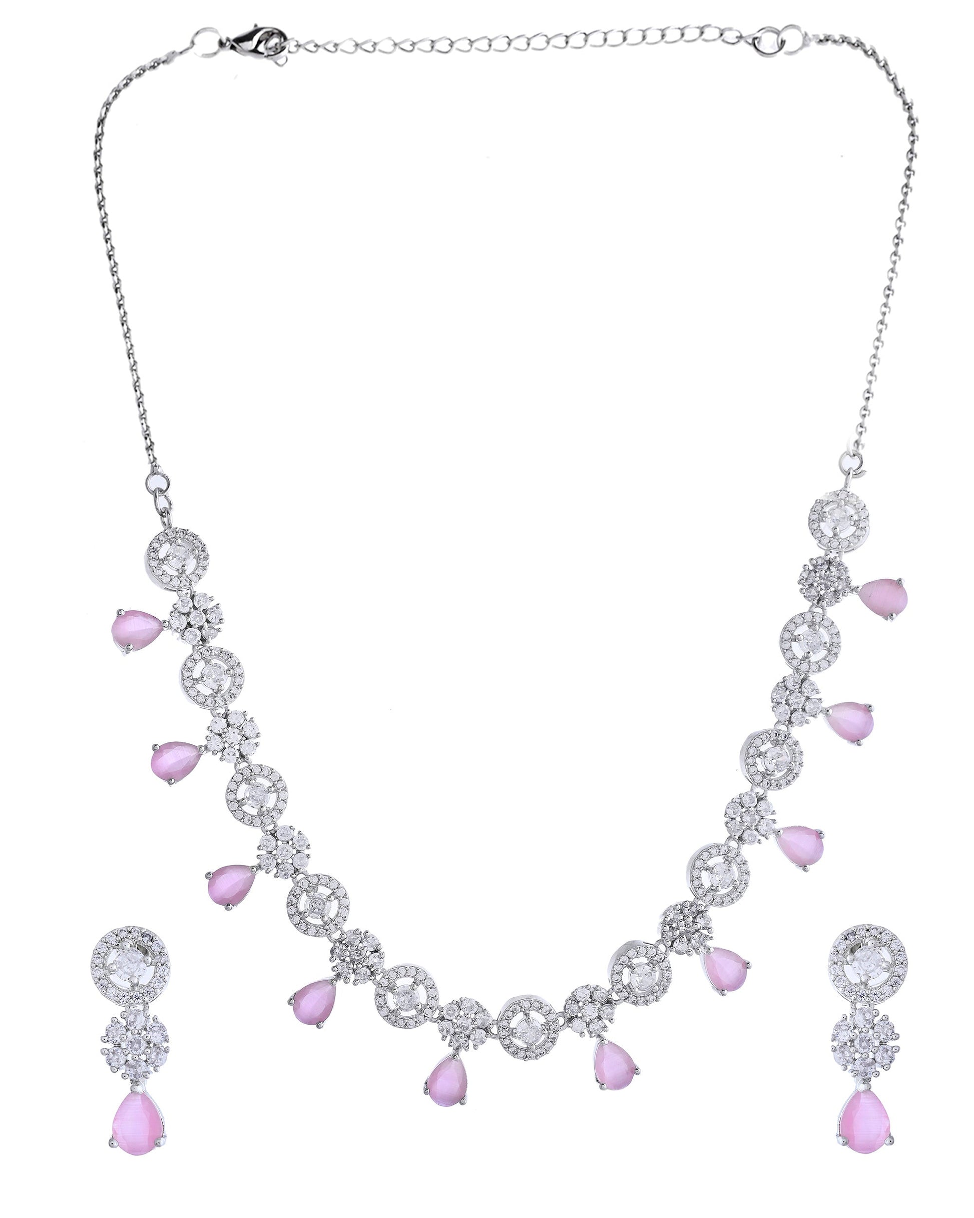 VOJ Silver Plated Baby Pink Stone Floral And Cricular AD Jewellery Set VOJ (Valley Of Jewellery)