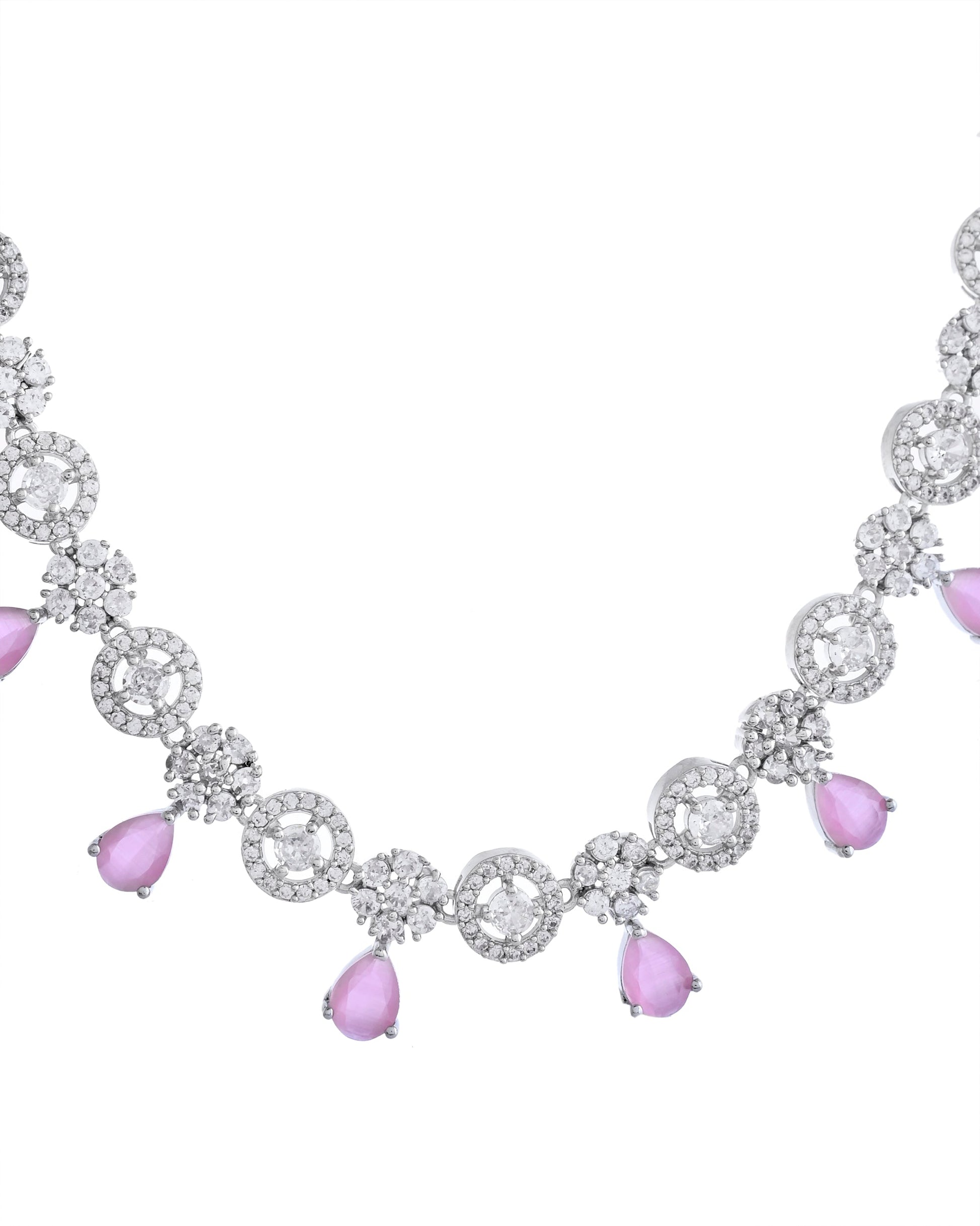 VOJ Silver Plated Baby Pink Stone Floral And Cricular AD Jewellery Set VOJ (Valley Of Jewellery)