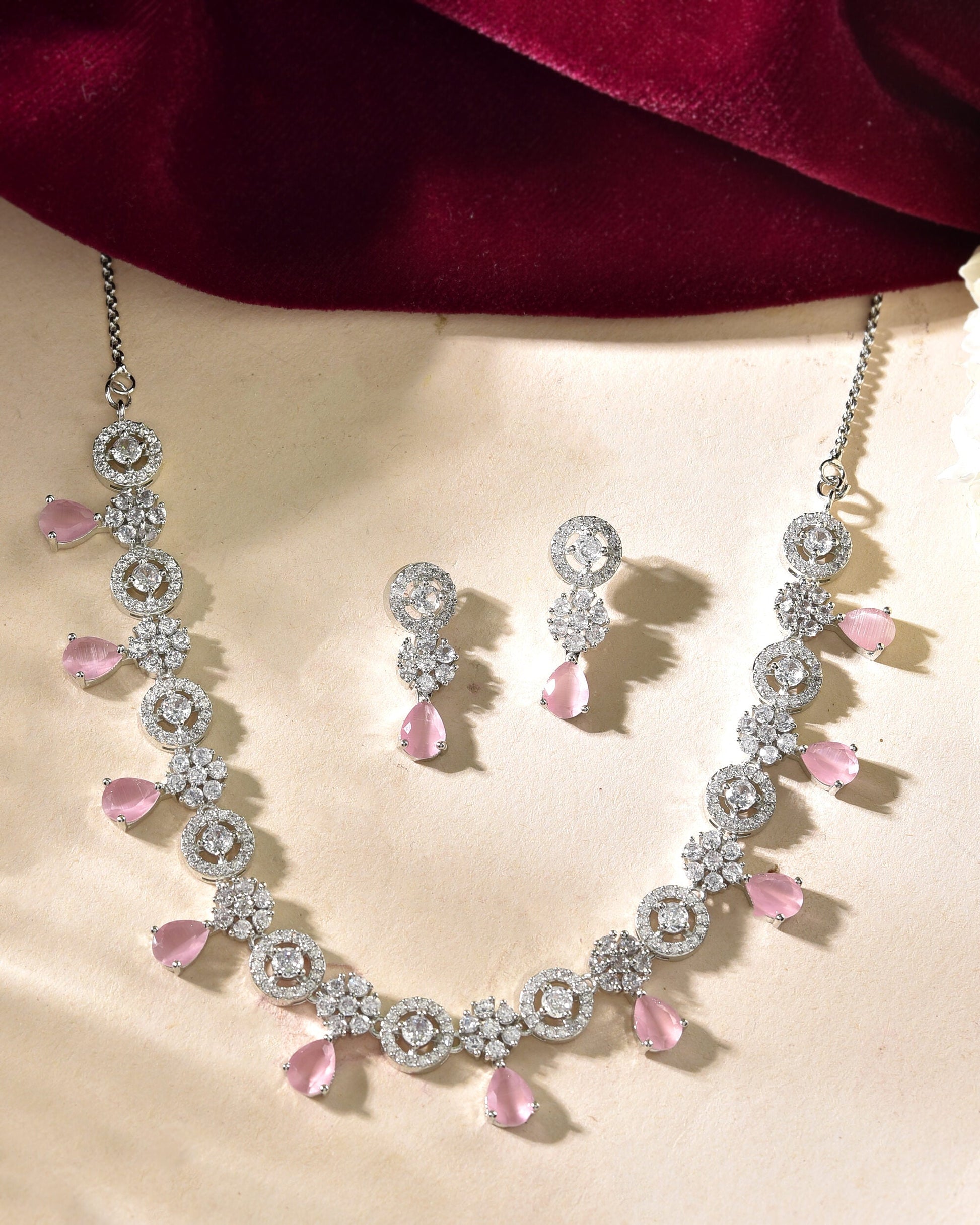VOJ Silver Plated Baby Pink Stone Floral And Cricular AD Jewellery Set VOJ (Valley Of Jewellery)