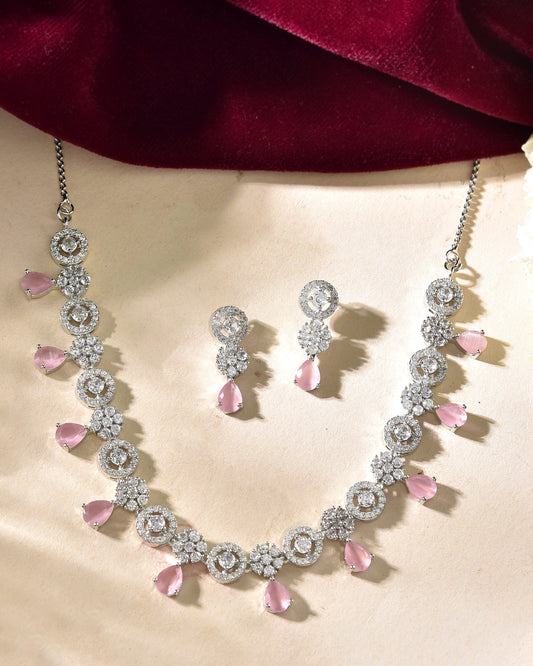 VOJ Silver Plated Baby Pink Stone Floral And Cricular AD Jewellery Set VOJ (Valley Of Jewellery)