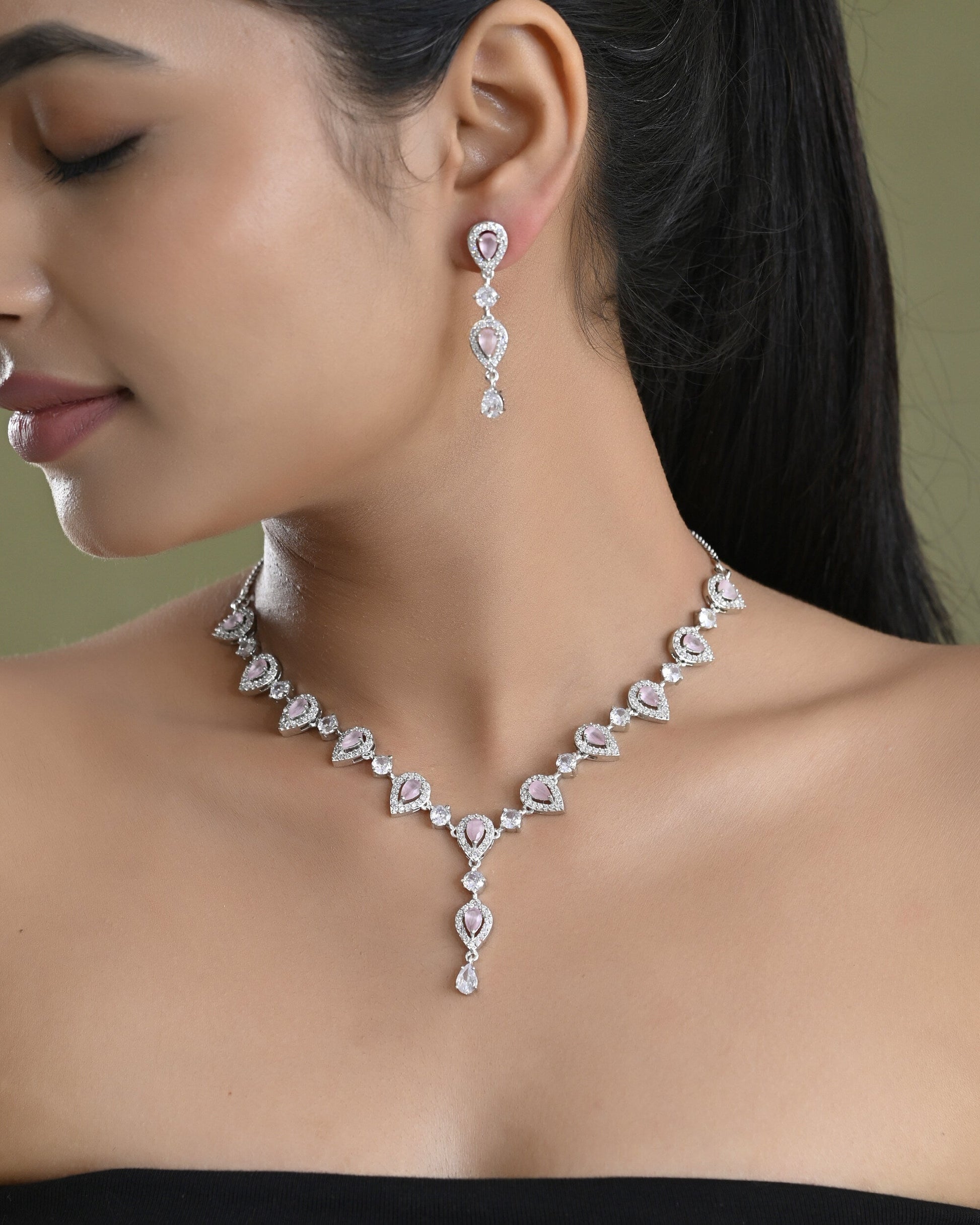 VOJ Silver Plated Baby Pink Stone Tear Drop Shaped AD Jewellery Set VOJ (Valley Of Jewellery)