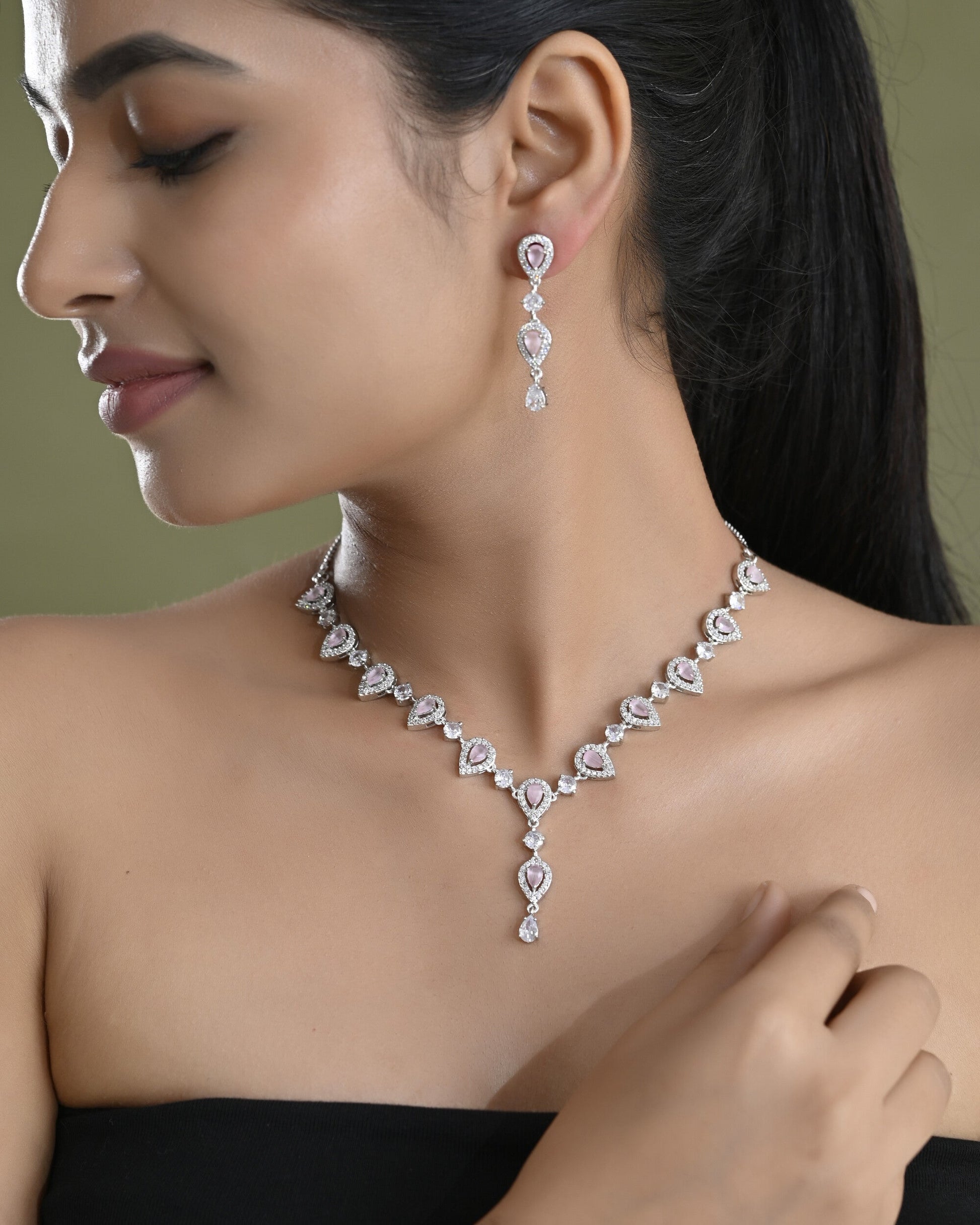 VOJ Silver Plated Baby Pink Stone Tear Drop Shaped AD Jewellery Set VOJ (Valley Of Jewellery)