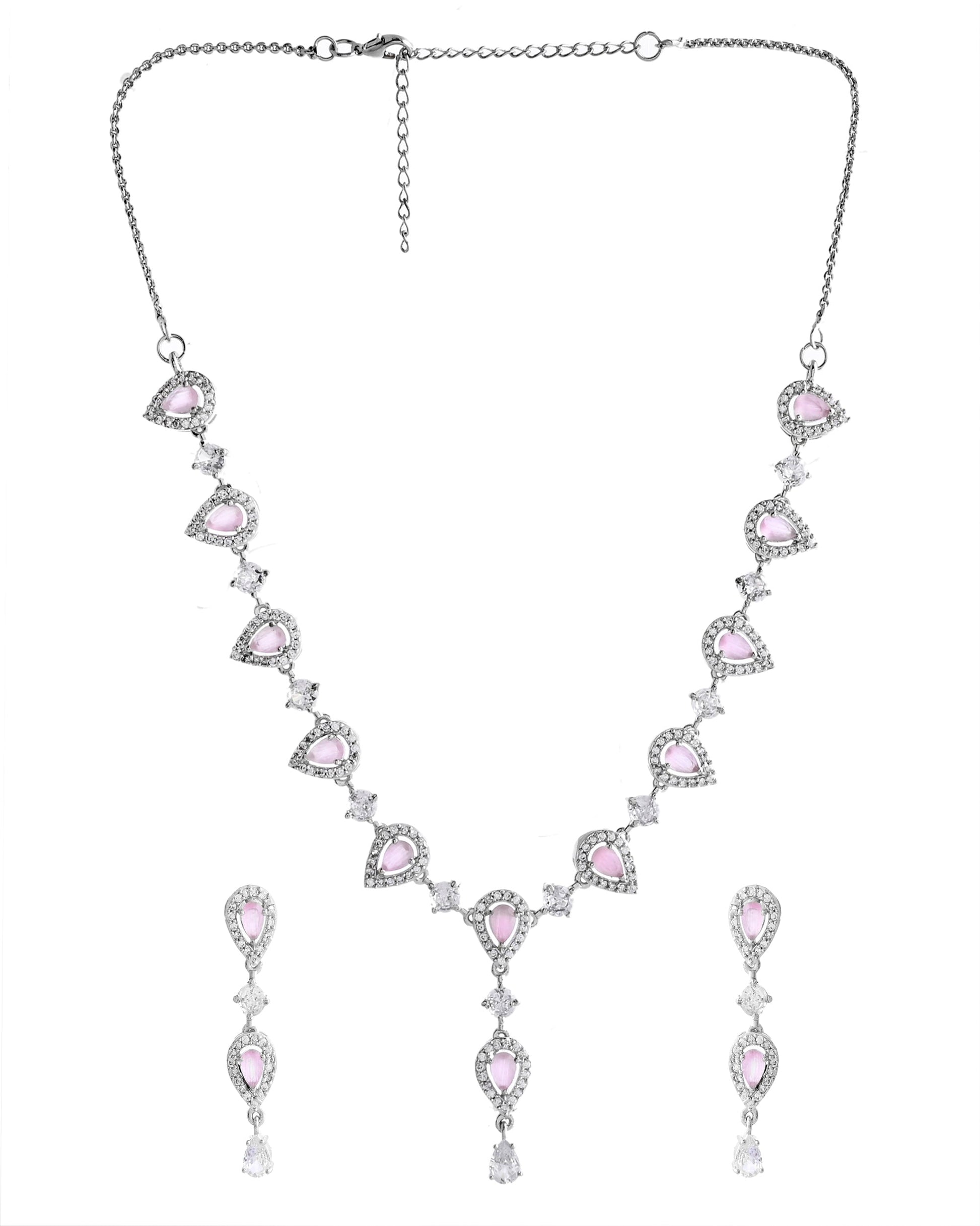 VOJ Silver Plated Baby Pink Stone Tear Drop Shaped AD Jewellery Set VOJ (Valley Of Jewellery)