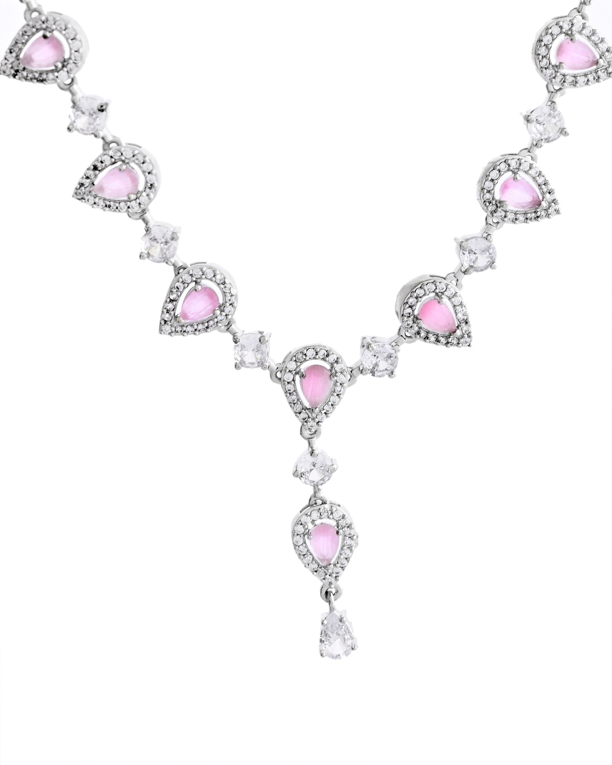 VOJ Silver Plated Baby Pink Stone Tear Drop Shaped AD Jewellery Set VOJ (Valley Of Jewellery)