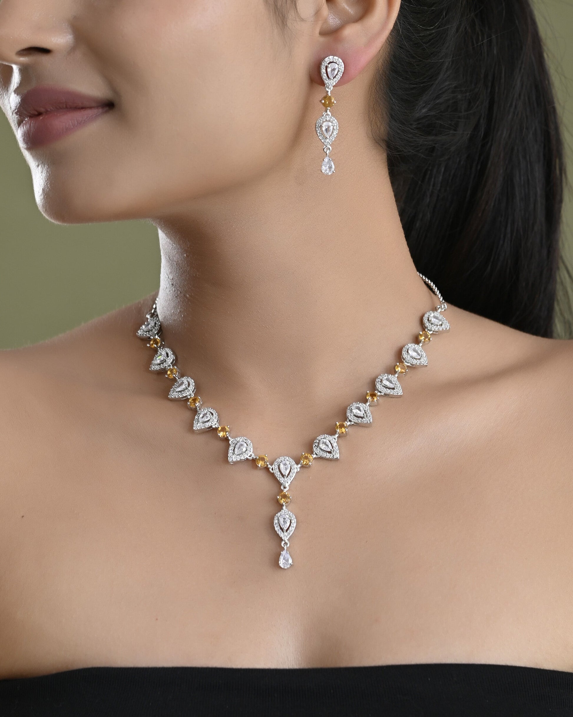 VOJ Silver Plated Yellow Stone Tear Drop Shaped AD Jewellery Set VOJ (Valley Of Jewellery)