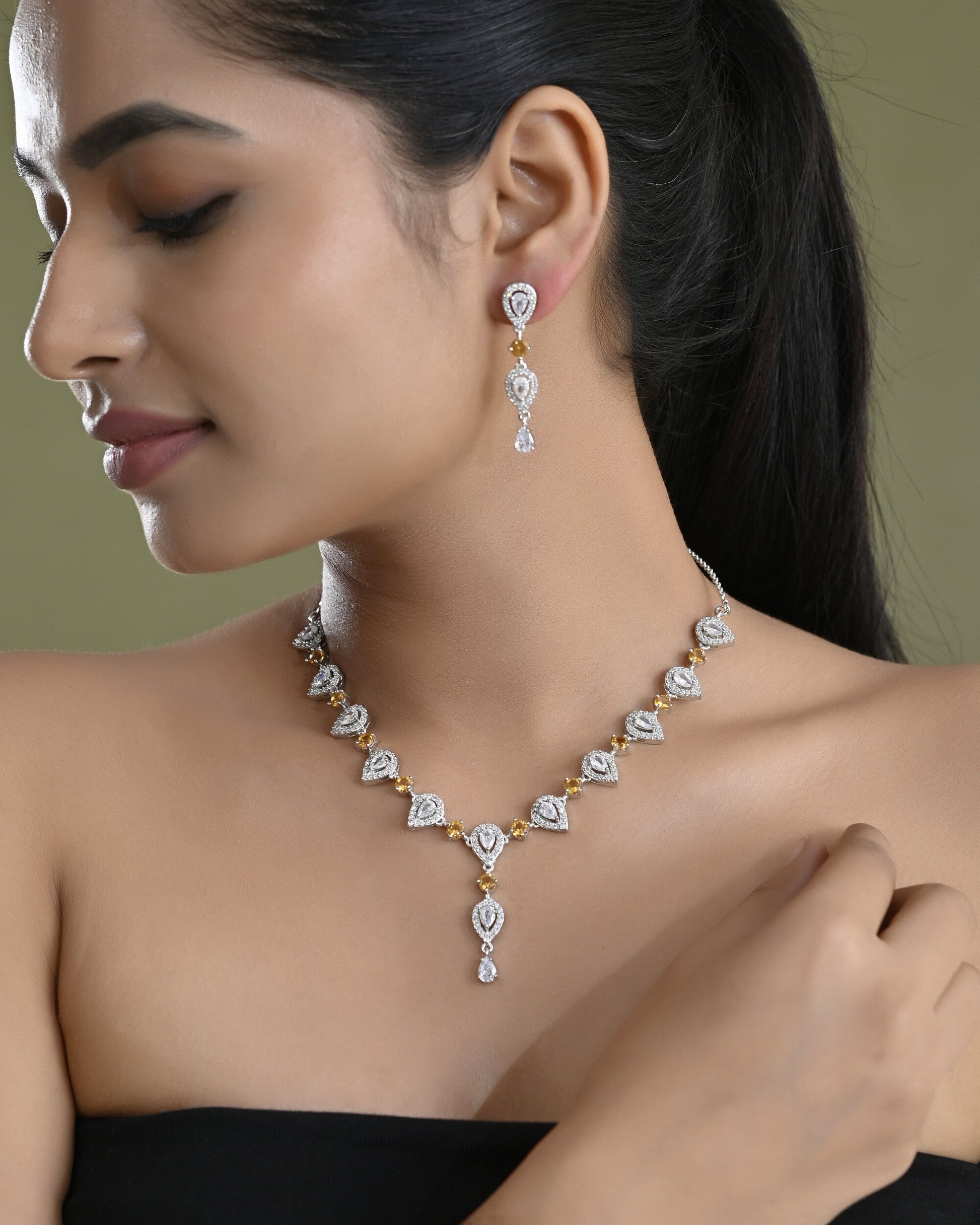 VOJ Silver Plated Yellow Stone Tear Drop Shaped AD Jewellery Set VOJ (Valley Of Jewellery)