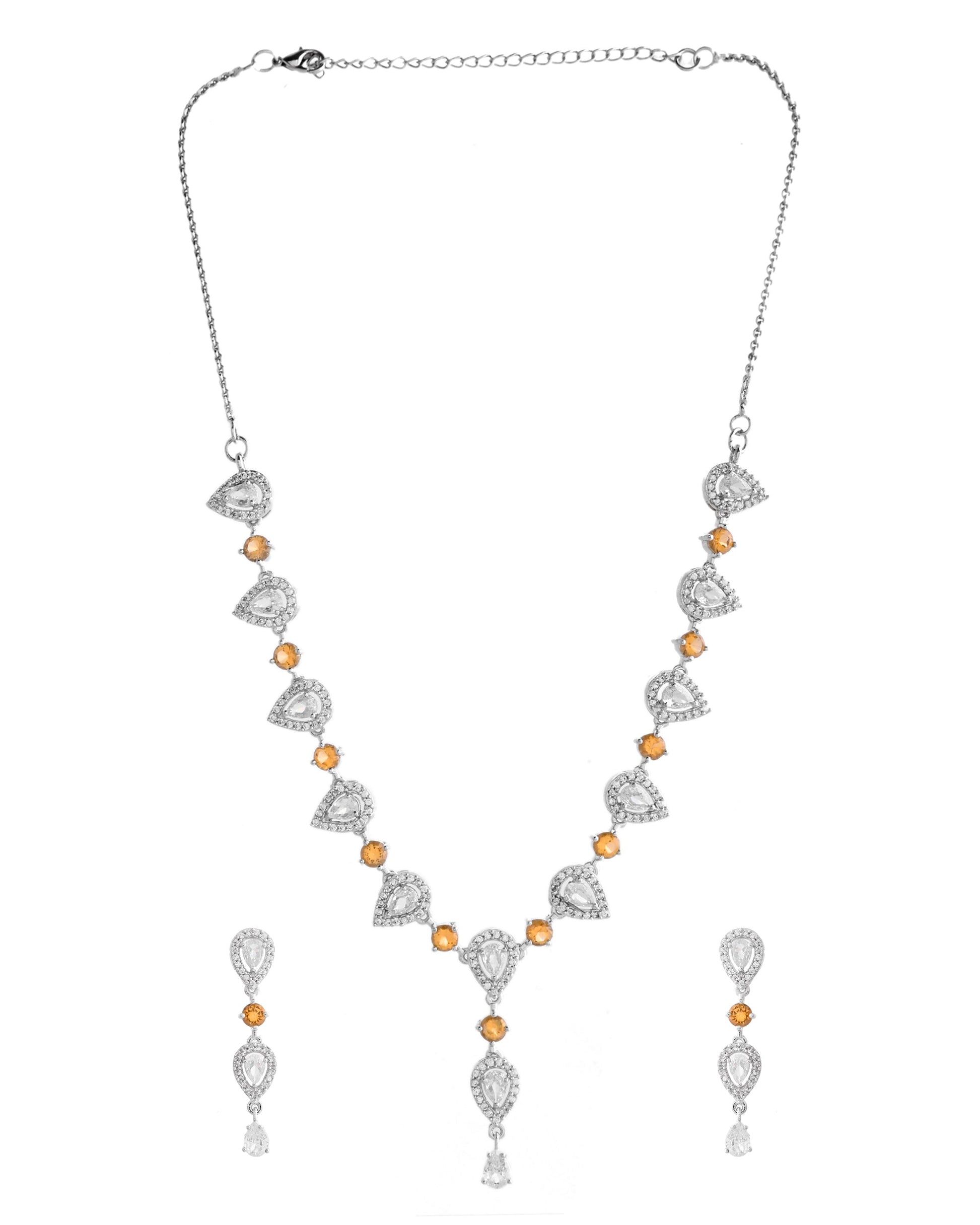 VOJ Silver Plated Yellow Stone Tear Drop Shaped AD Jewellery Set VOJ (Valley Of Jewellery)