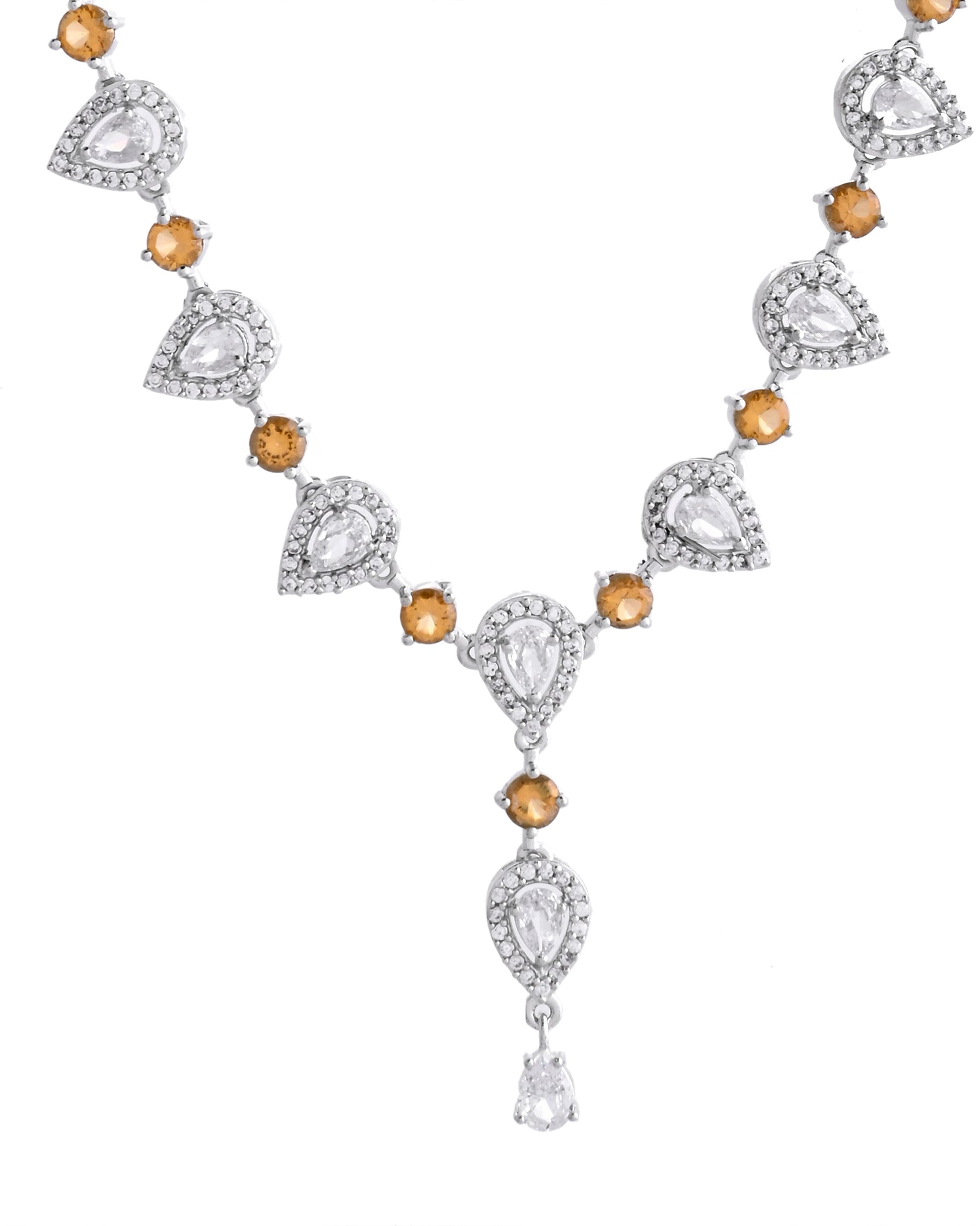 VOJ Silver Plated Yellow Stone Tear Drop Shaped AD Jewellery Set VOJ (Valley Of Jewellery)