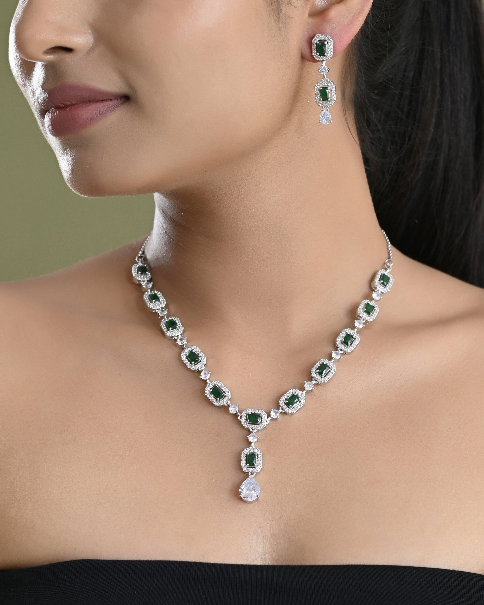 VOJ Silver Plated Green Stone Geometrical Shaped AD Jewellery Set VOJ (Valley Of Jewellery)