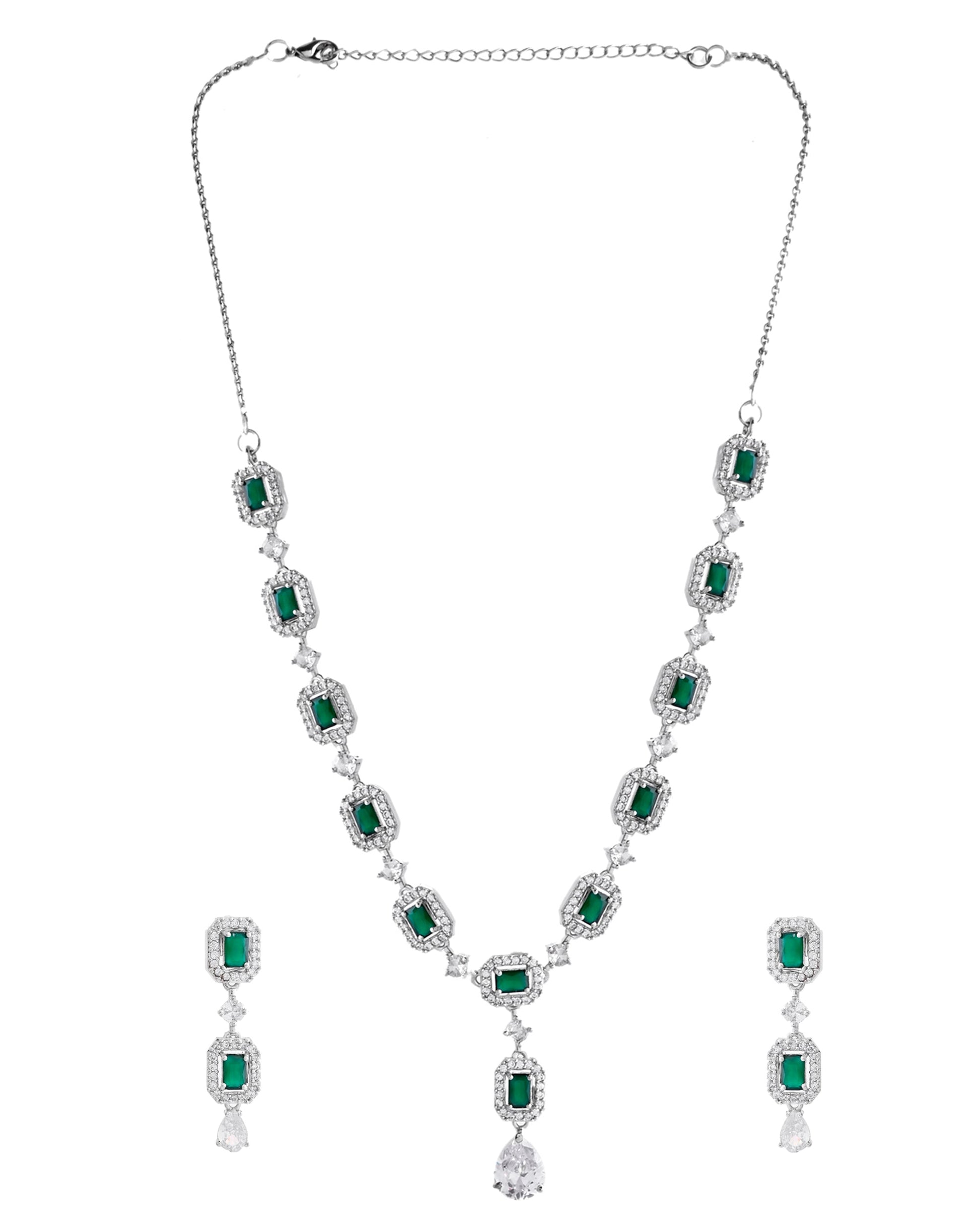 VOJ Silver Plated Green Stone Geometrical Shaped AD Jewellery Set VOJ (Valley Of Jewellery)