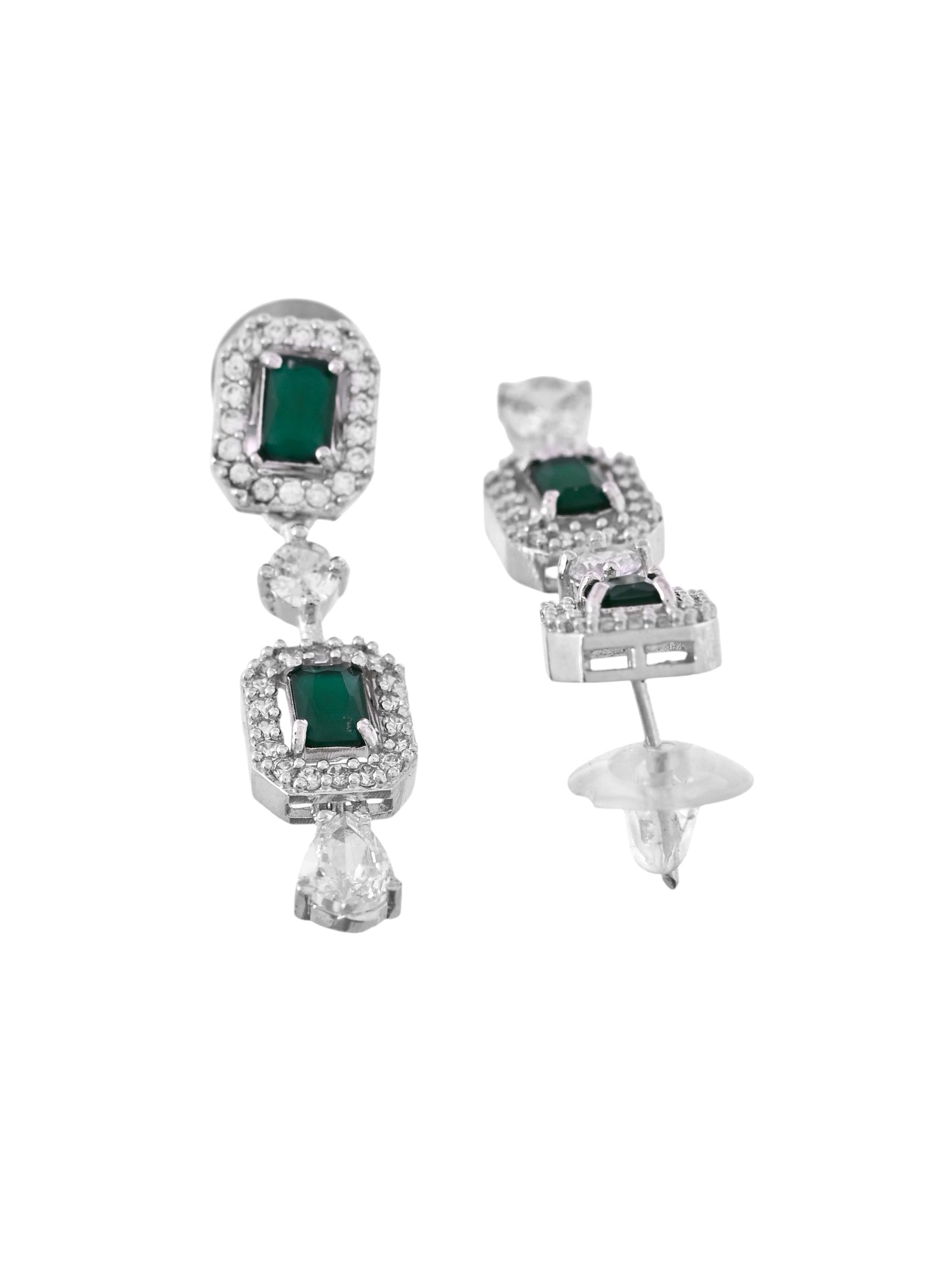 VOJ Silver Plated Green Stone Geometrical Shaped AD Jewellery Set VOJ (Valley Of Jewellery)