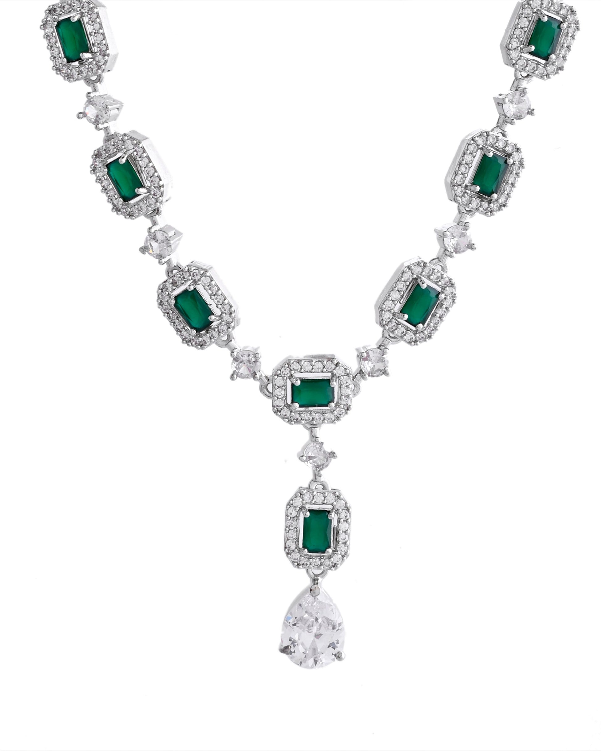 VOJ Silver Plated Green Stone Geometrical Shaped AD Jewellery Set VOJ (Valley Of Jewellery)