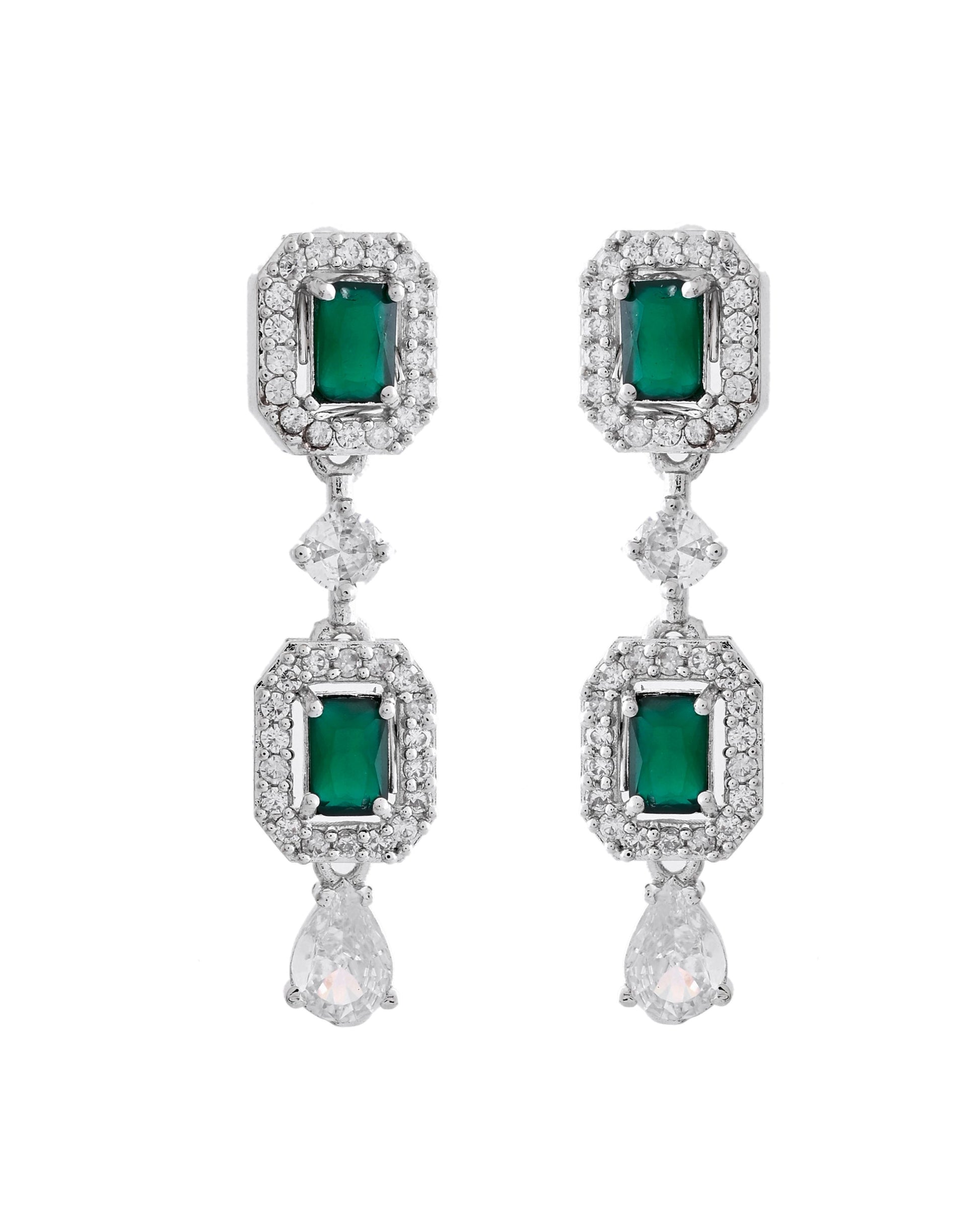 VOJ Silver Plated Green Stone Geometrical Shaped AD Jewellery Set VOJ (Valley Of Jewellery)