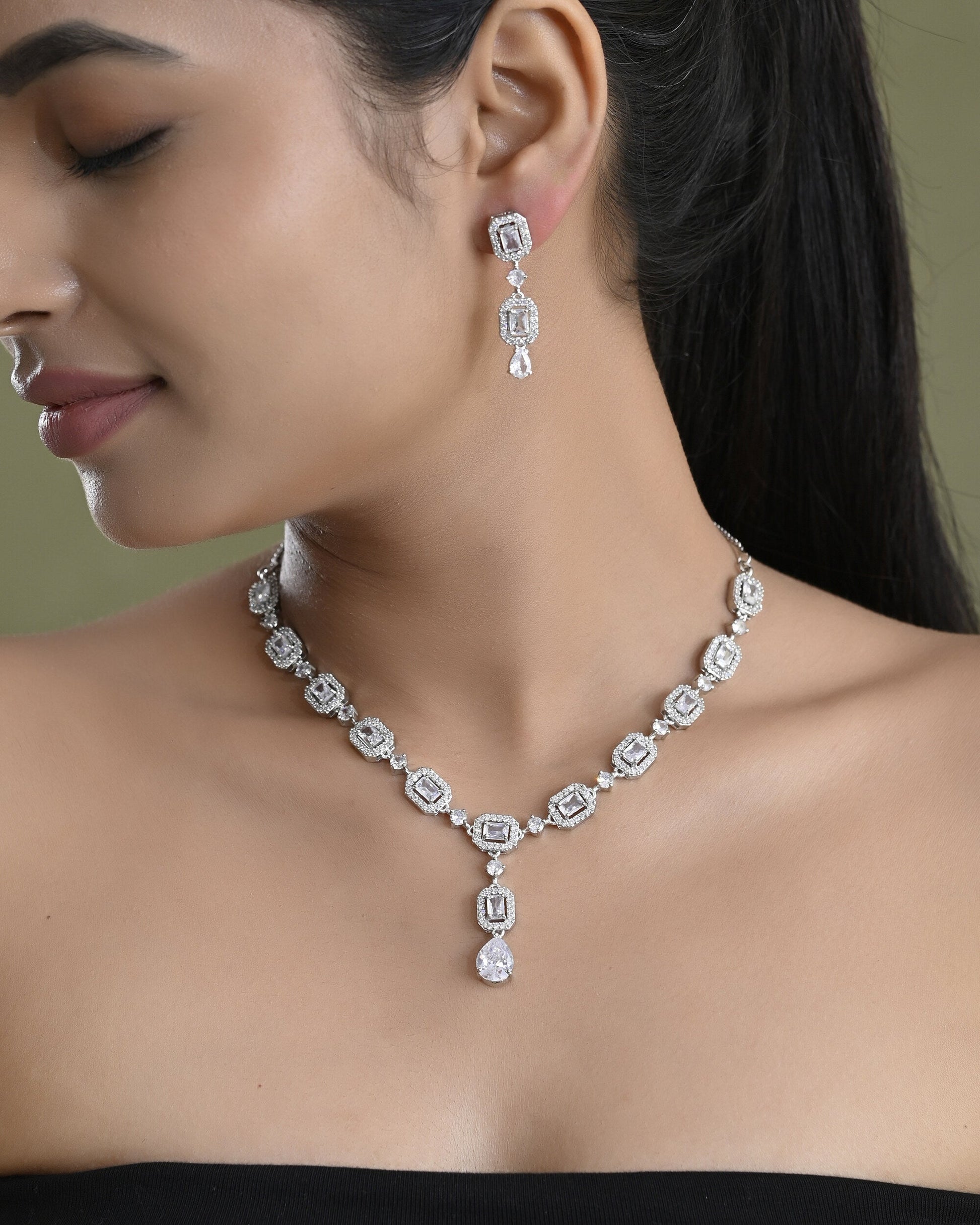 VOJ Silver Plated Geometrical Shaped AD Jewellery Set VOJ (Valley Of Jewellery)