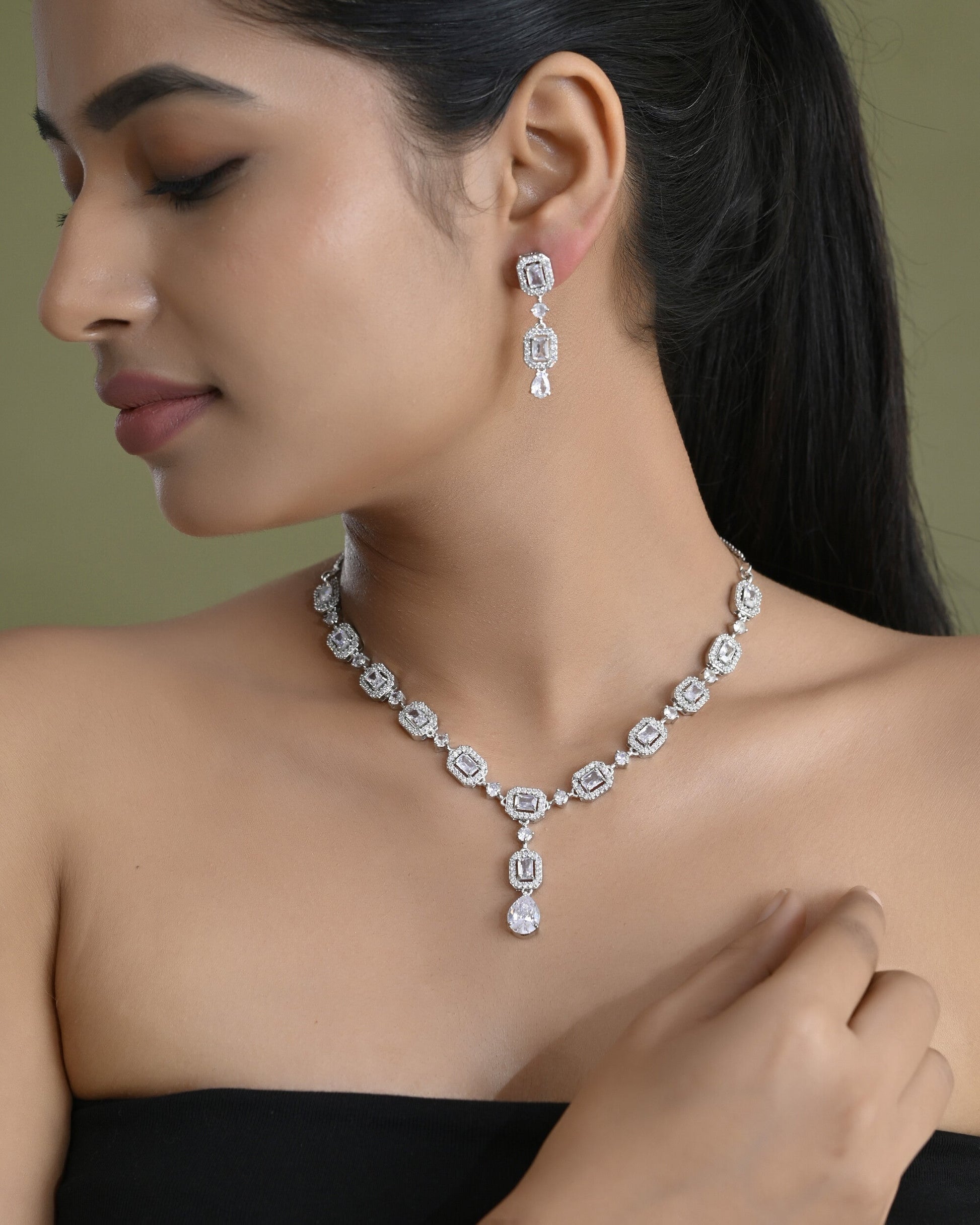 VOJ Silver Plated Geometrical Shaped AD Jewellery Set VOJ (Valley Of Jewellery)