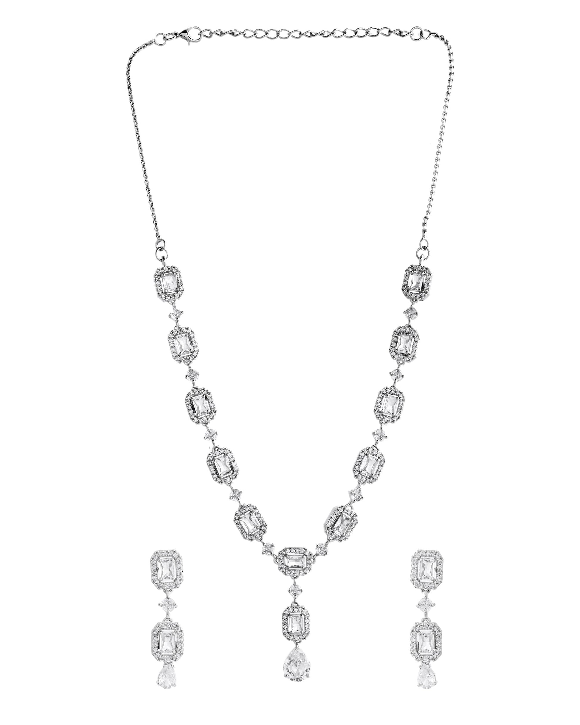 VOJ Silver Plated Geometrical Shaped AD Jewellery Set VOJ (Valley Of Jewellery)