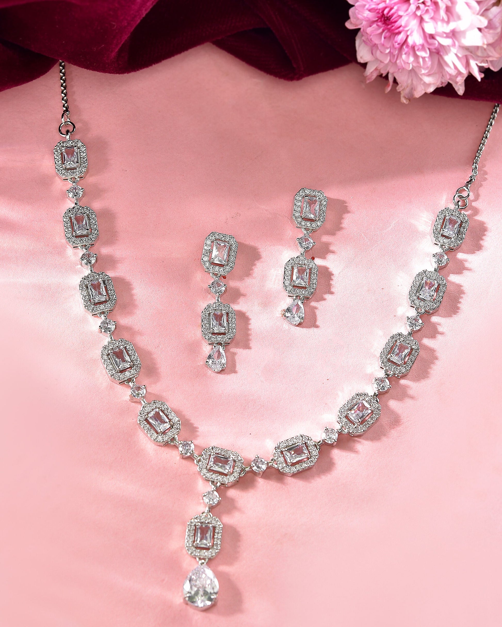 VOJ Silver Plated Geometrical Shaped AD Jewellery Set VOJ (Valley Of Jewellery)