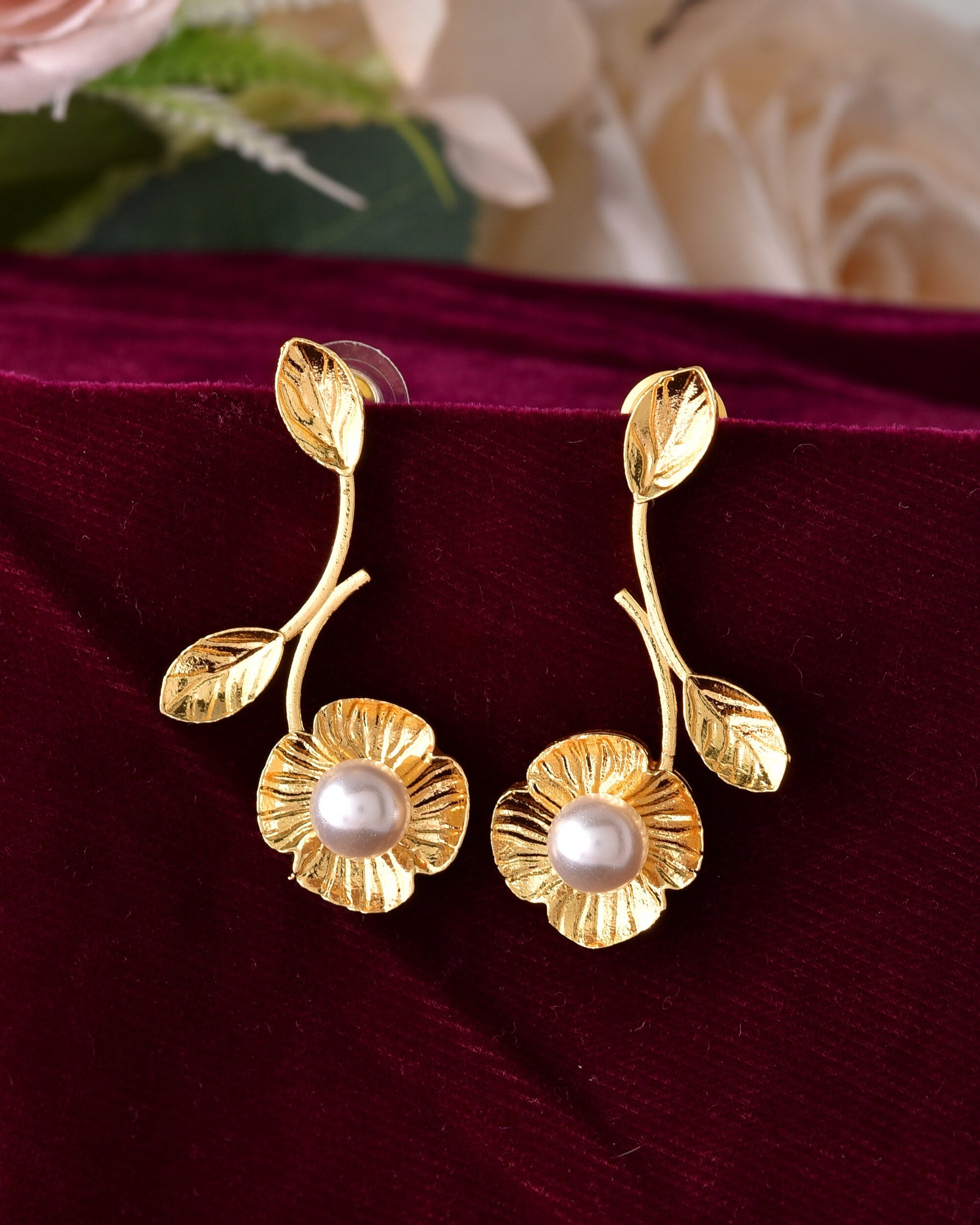 VOJ Gold Toned Floral Shaped Elegent Earrings VOJ (Valley Of Jewellery)