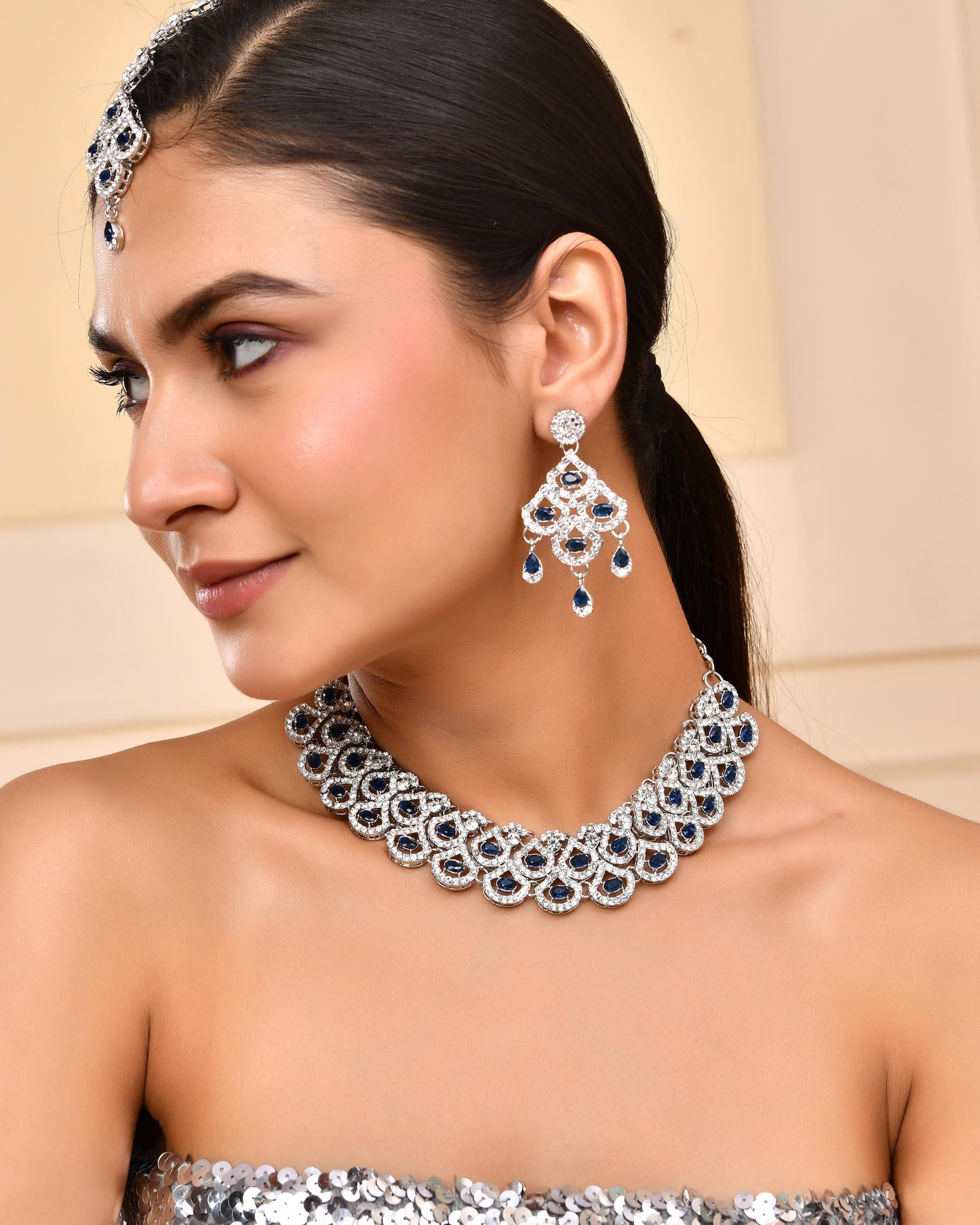 VOJ Silver-Plated Blue AD-Studded Elegent Jewellery Set VOJ (Valley Of Jewellery)
