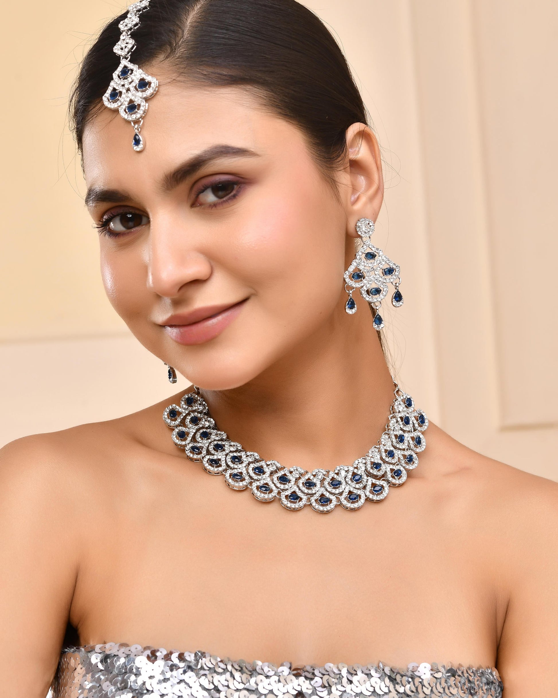VOJ Silver-Plated Blue AD-Studded Elegent Jewellery Set VOJ (Valley Of Jewellery)