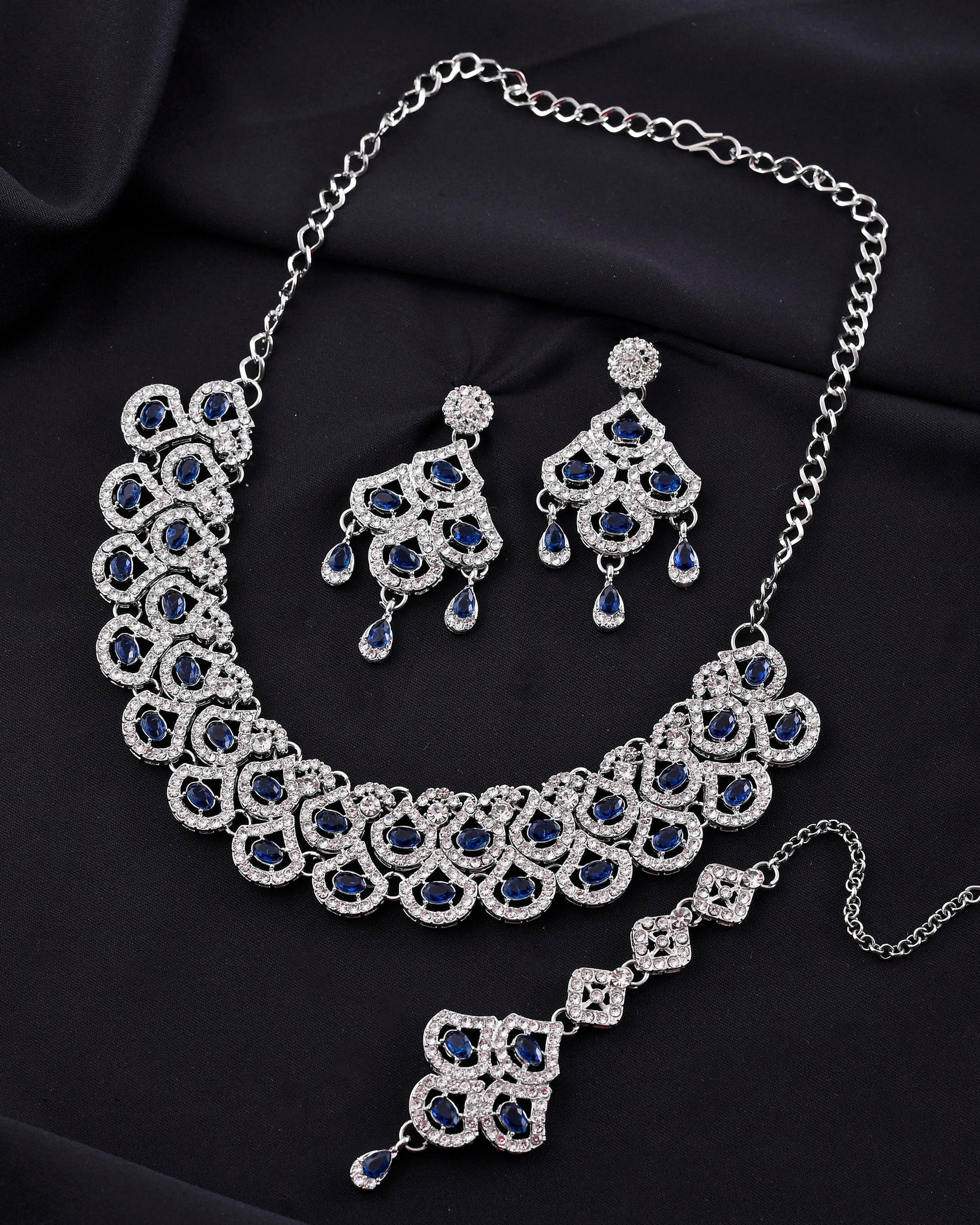 VOJ Silver-Plated Blue AD-Studded Elegent Jewellery Set VOJ (Valley Of Jewellery)