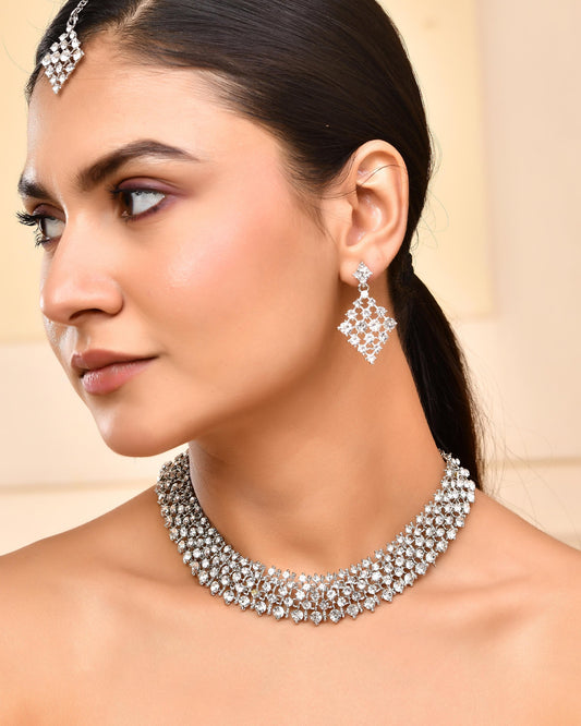 VOJ Silver-Plated AD-Studded Handcrafted Jewellery Set VOJ (Valley Of Jewellery)