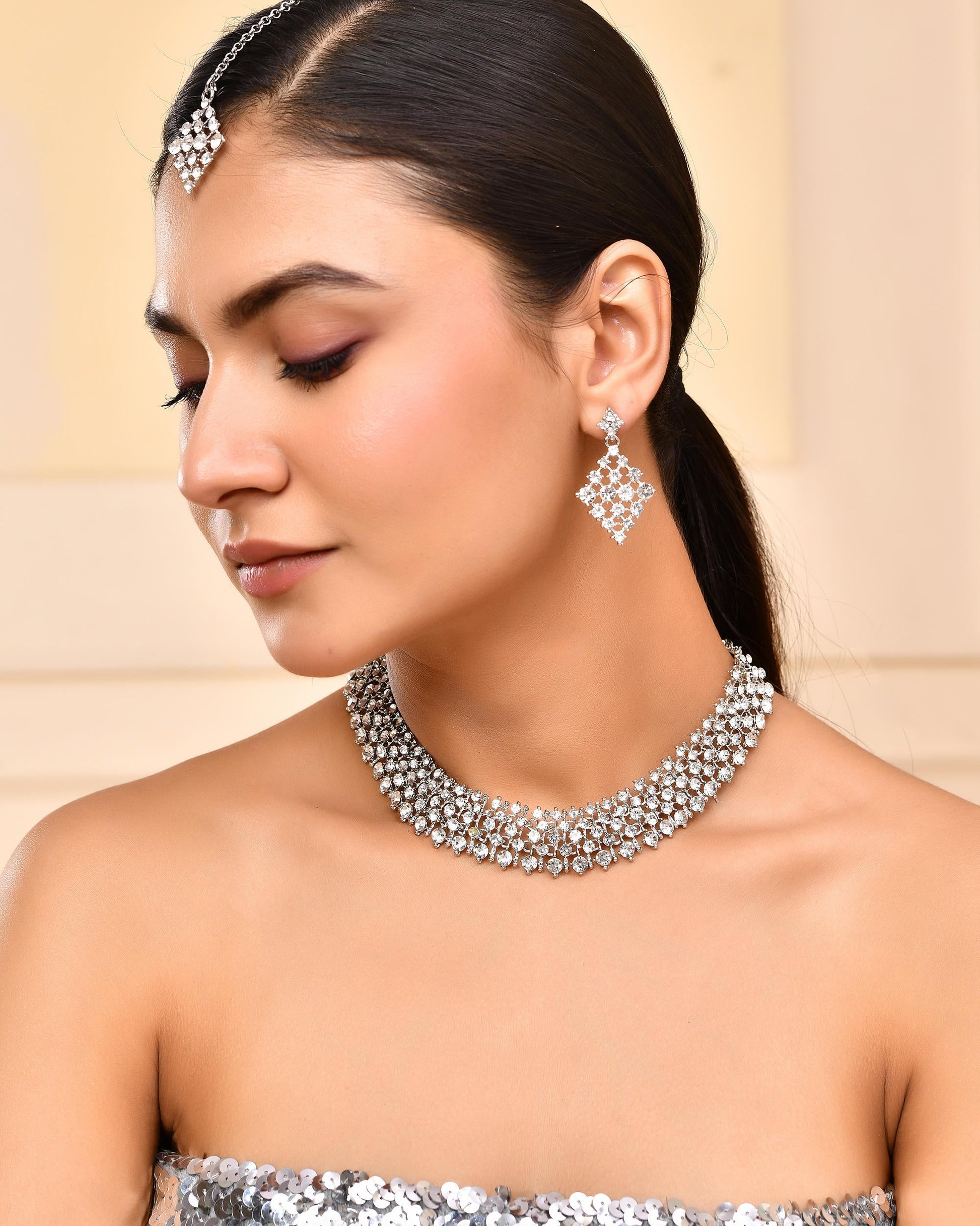 VOJ Silver-Plated AD-Studded Handcrafted Jewellery Set VOJ (Valley Of Jewellery)