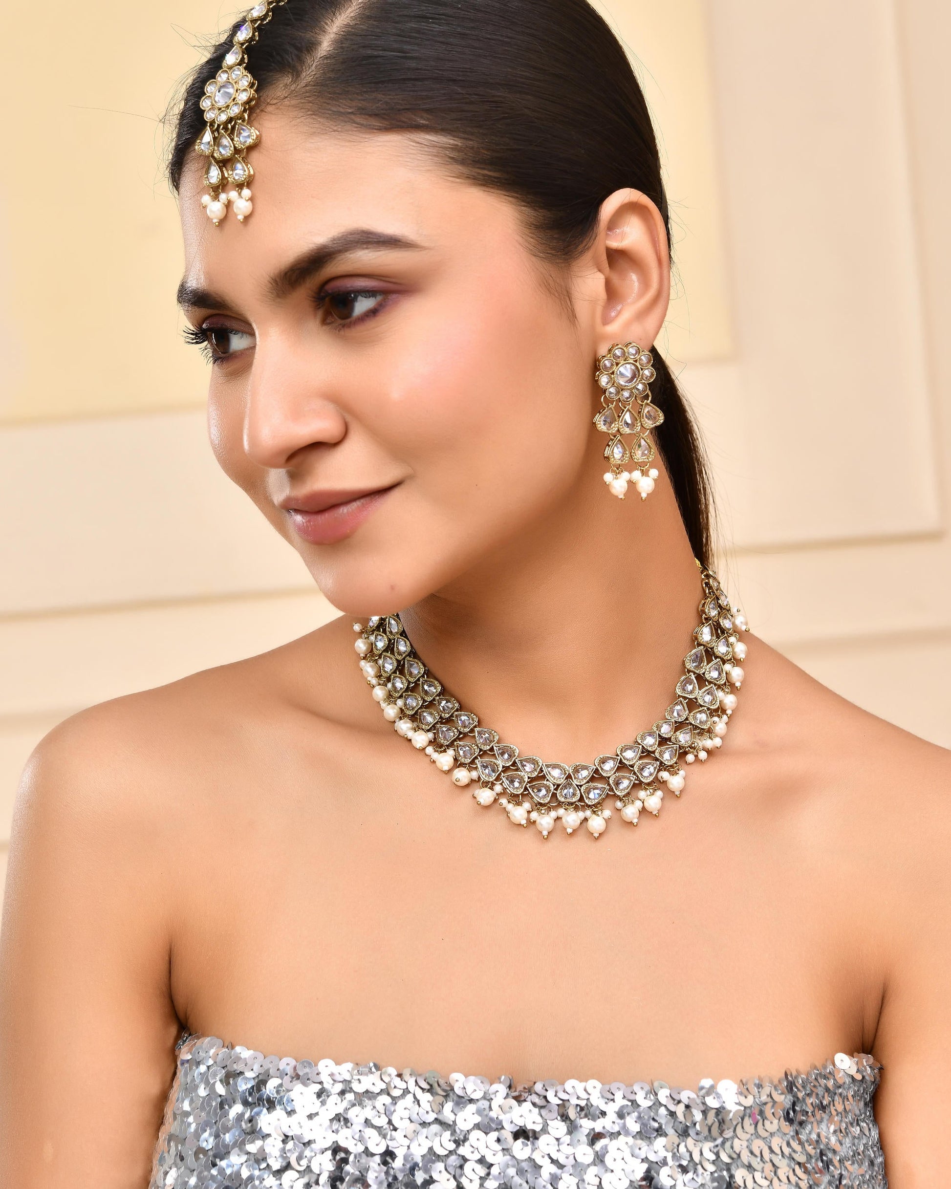 VOJ Gold-Polished White Beats Stuuded Handcrafted Jewellery Set VOJ (Valley Of Jewellery)