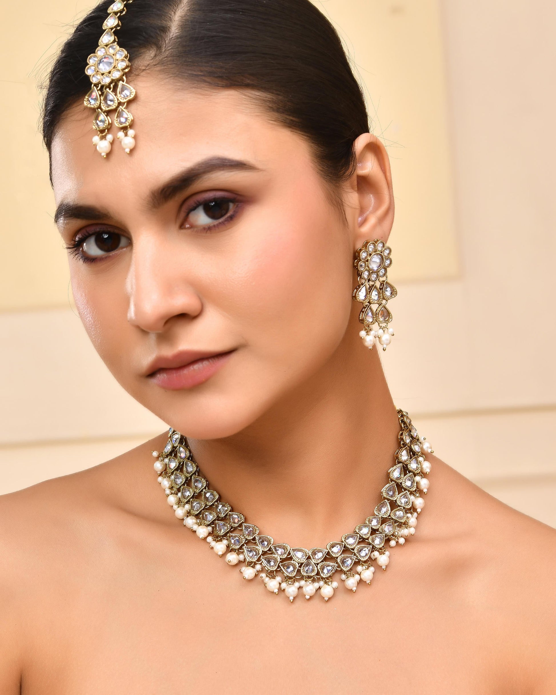 VOJ Gold-Polished White Beats Stuuded Handcrafted Jewellery Set VOJ (Valley Of Jewellery)