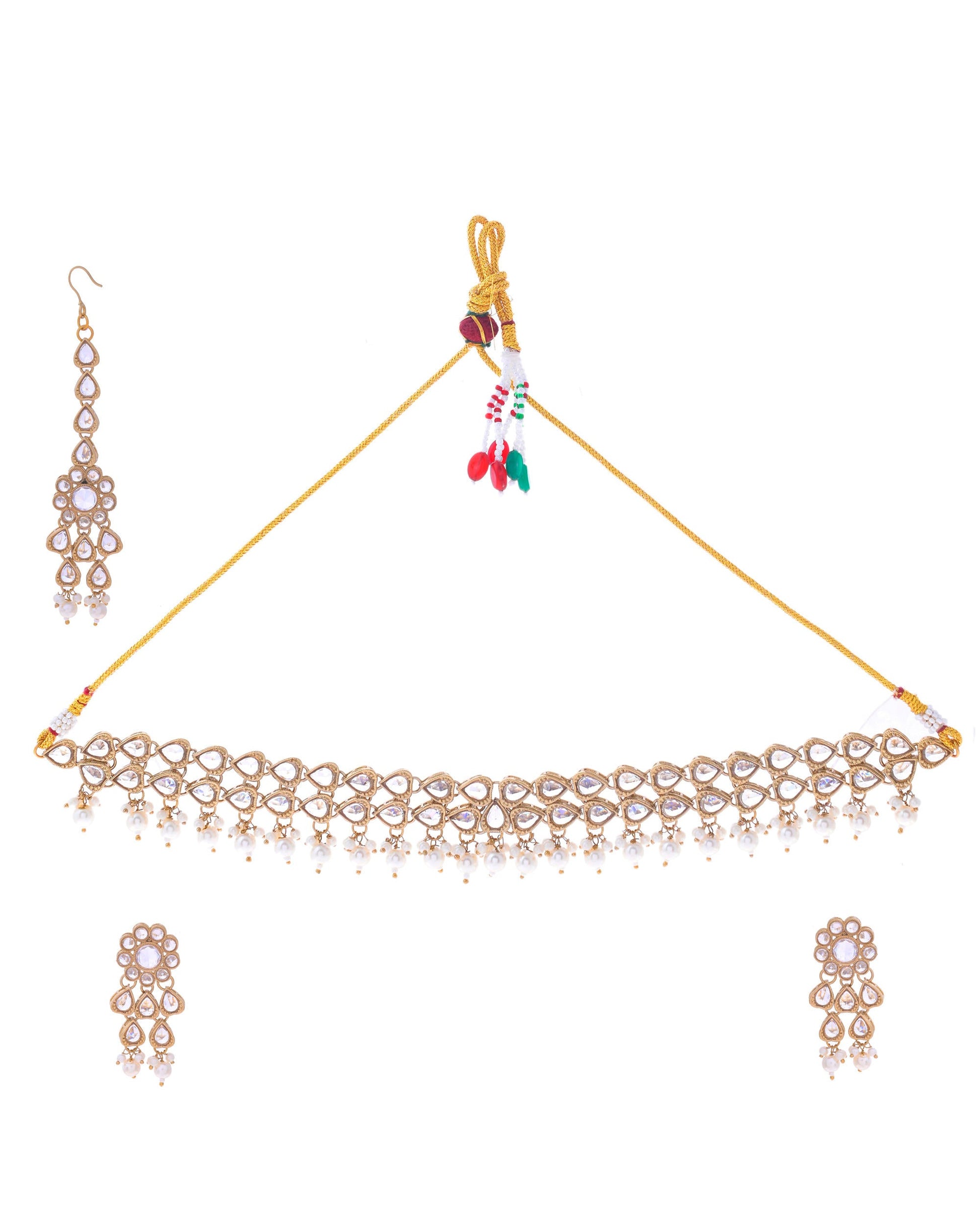 VOJ Gold-Polished White Beats Stuuded Handcrafted Jewellery Set VOJ (Valley Of Jewellery)