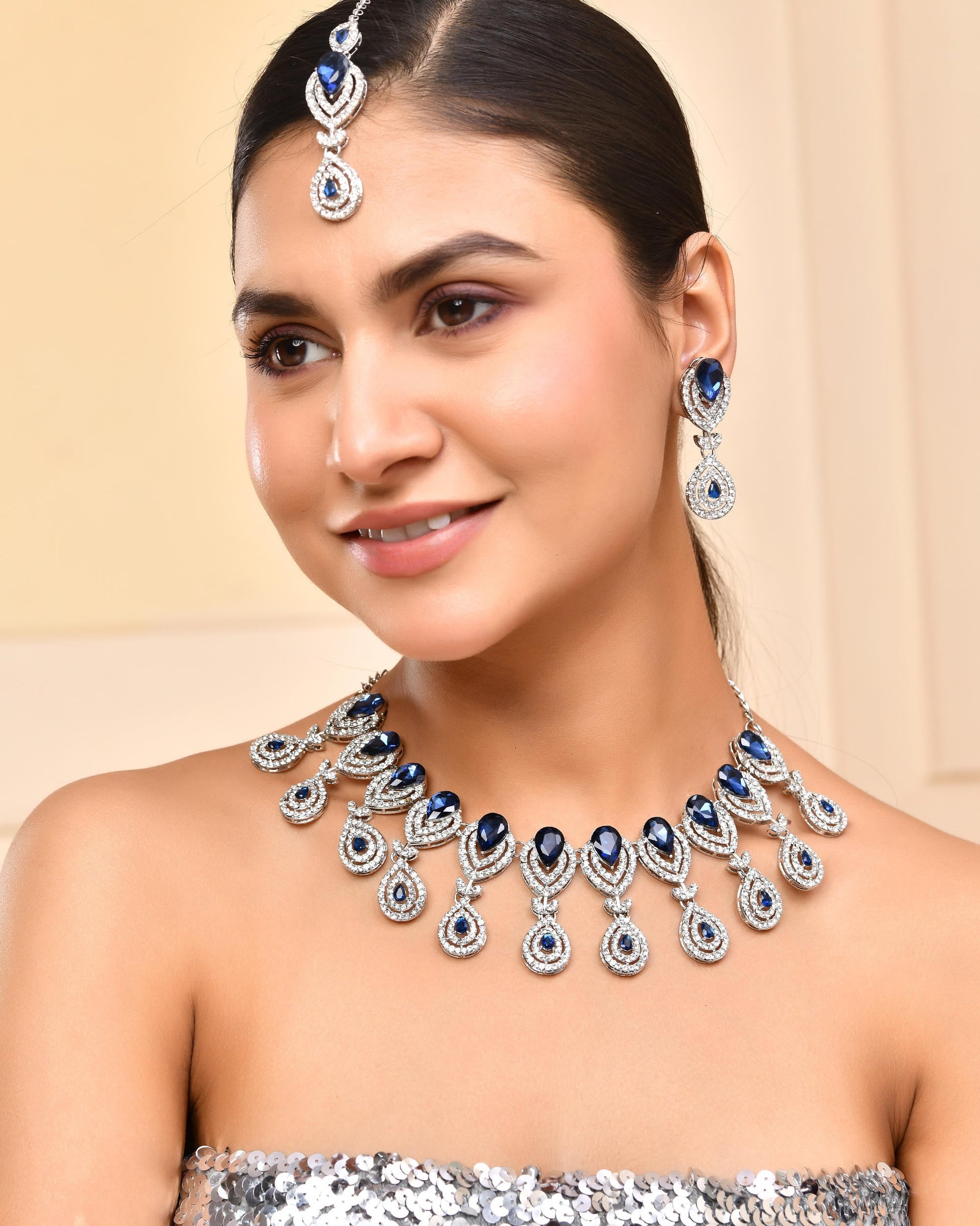 VOJ Silver-Plated Blue AD-Studded Tear Drop Shape Jewellery Set VOJ (Valley Of Jewellery)