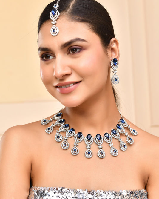 VOJ Silver-Plated Blue AD-Studded Tear Drop Shape Jewellery Set VOJ (Valley Of Jewellery)