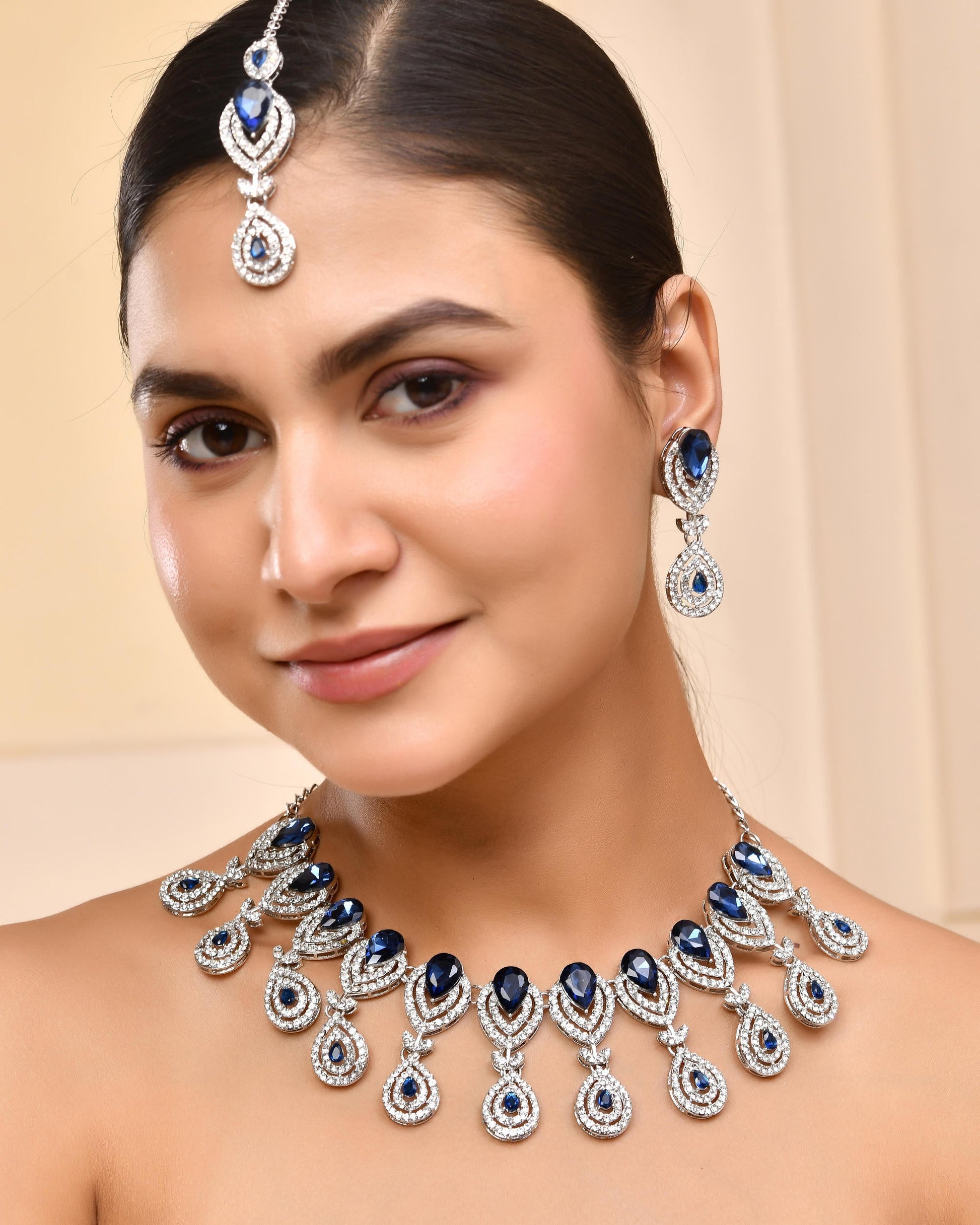VOJ Silver-Plated Blue AD-Studded Tear Drop Shape Jewellery Set VOJ (Valley Of Jewellery)