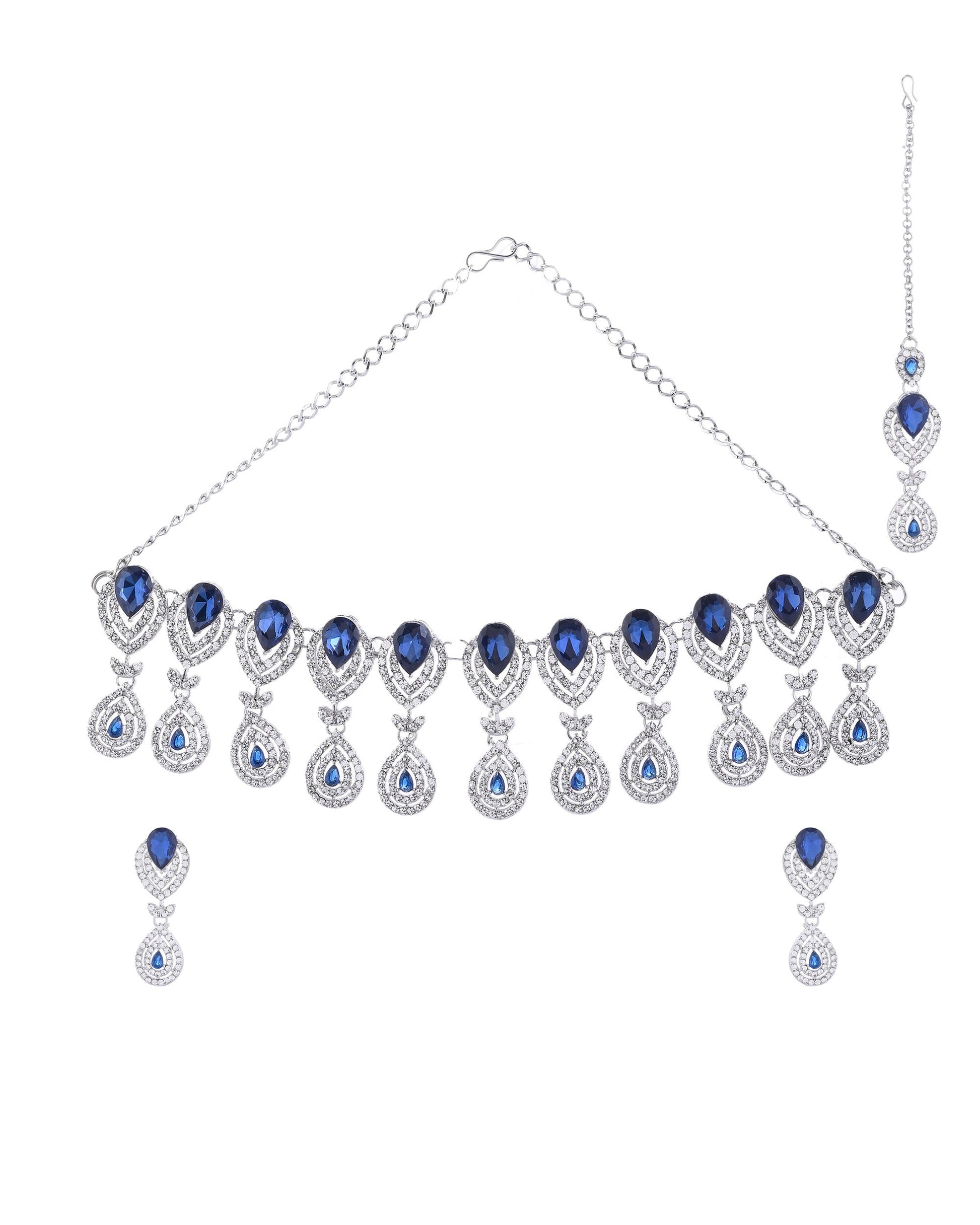 VOJ Silver-Plated Blue AD-Studded Tear Drop Shape Jewellery Set VOJ (Valley Of Jewellery)