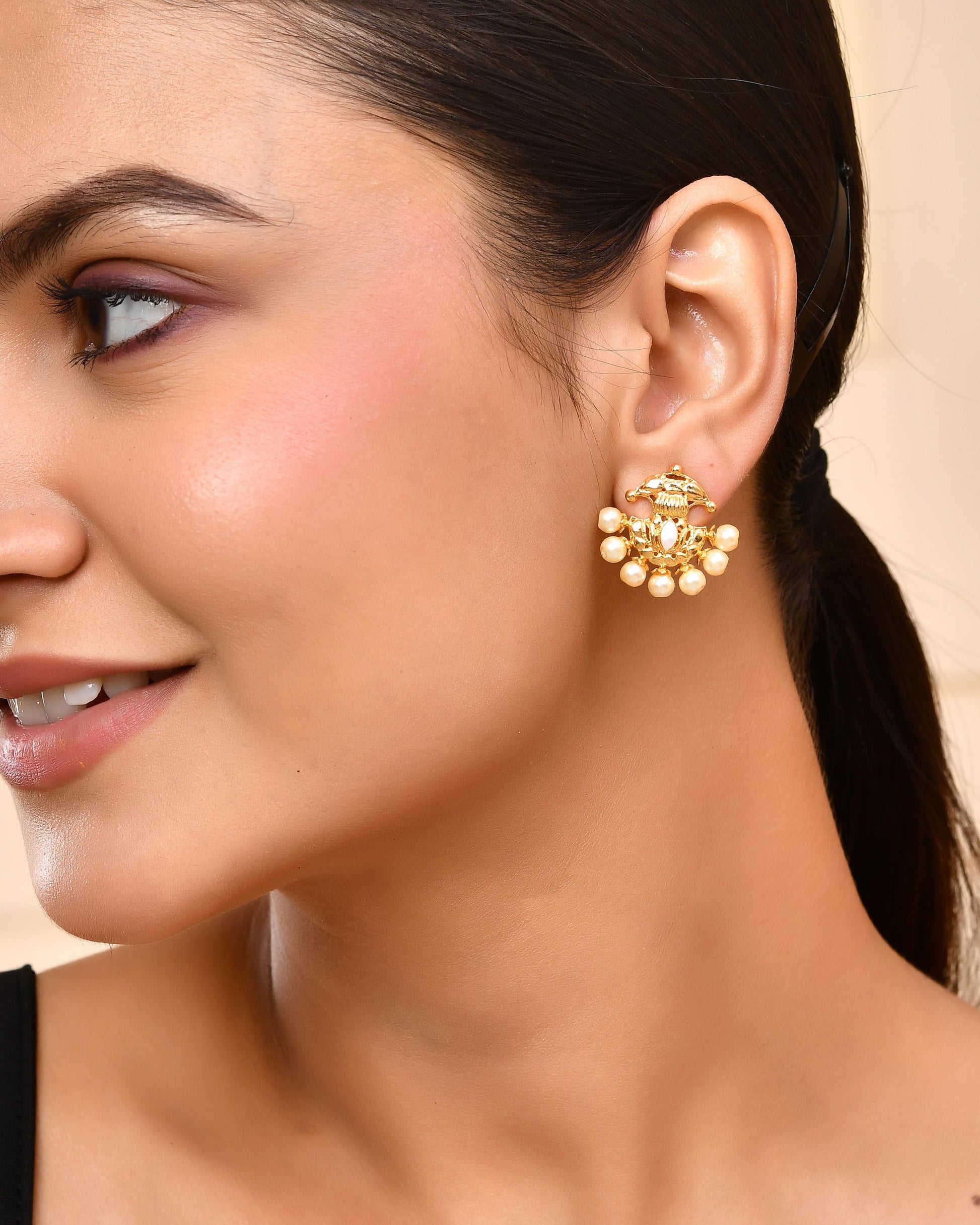 VOJ Gold-Polished Classic Pearl Studded Anti Tarnish Earrings VOJ (Valley Of Jewellery)