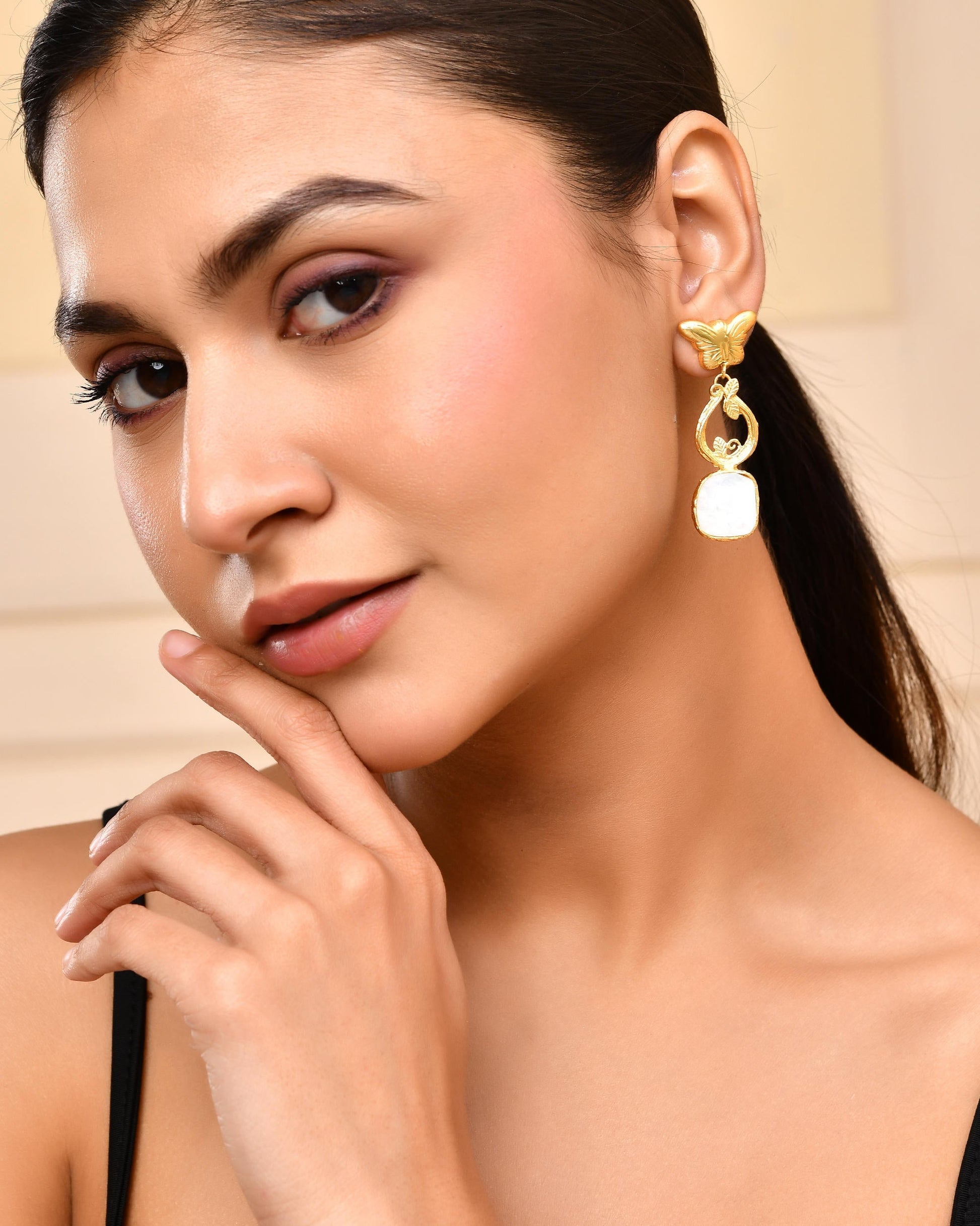 VOJ Gold-Polished Stone Studded Designer Anti Tarnish Earrings - Swadesiicart