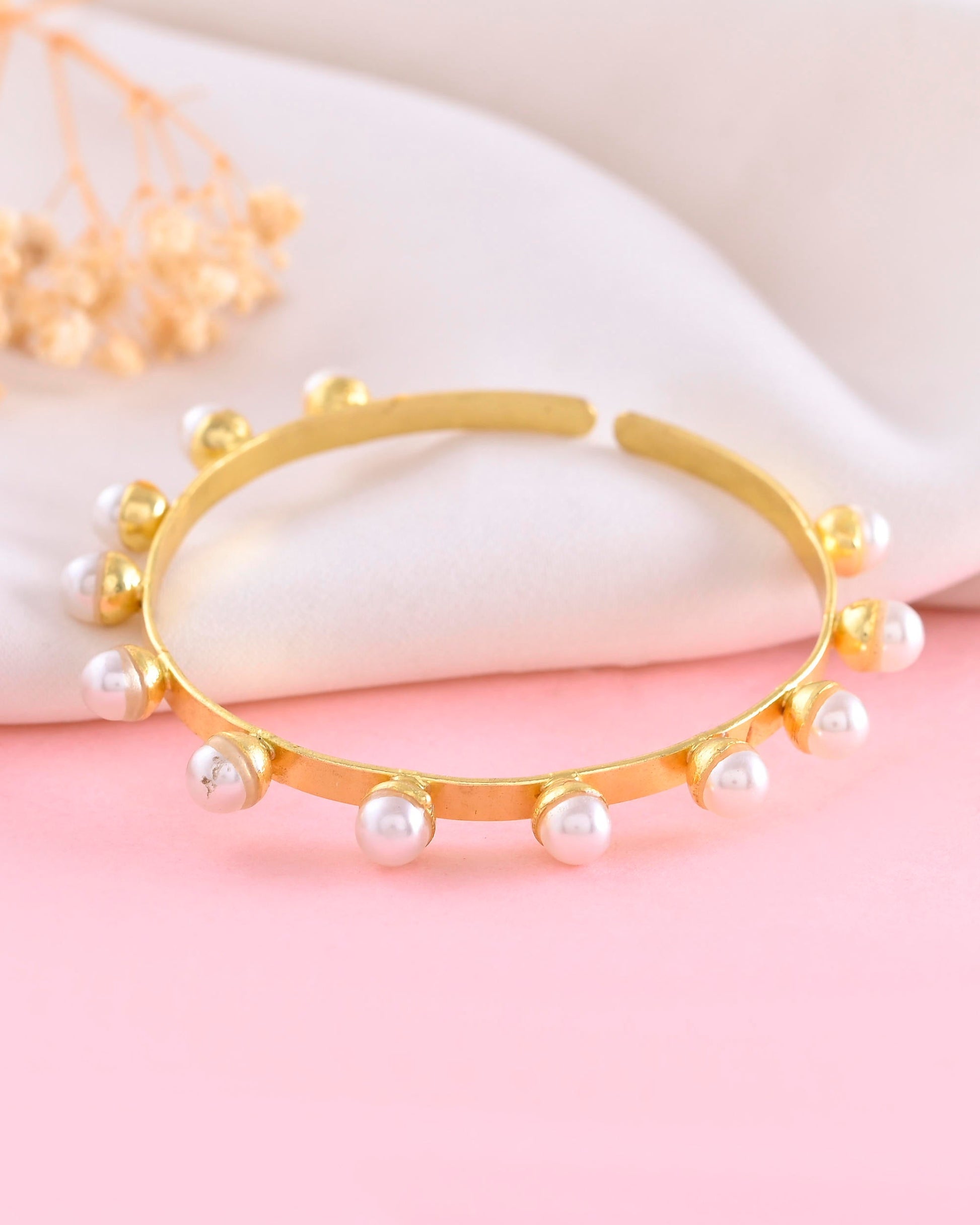 VOJ Gold-Polished Pearl Studded Kada Barcelet VOJ (Valley Of Jewellery)