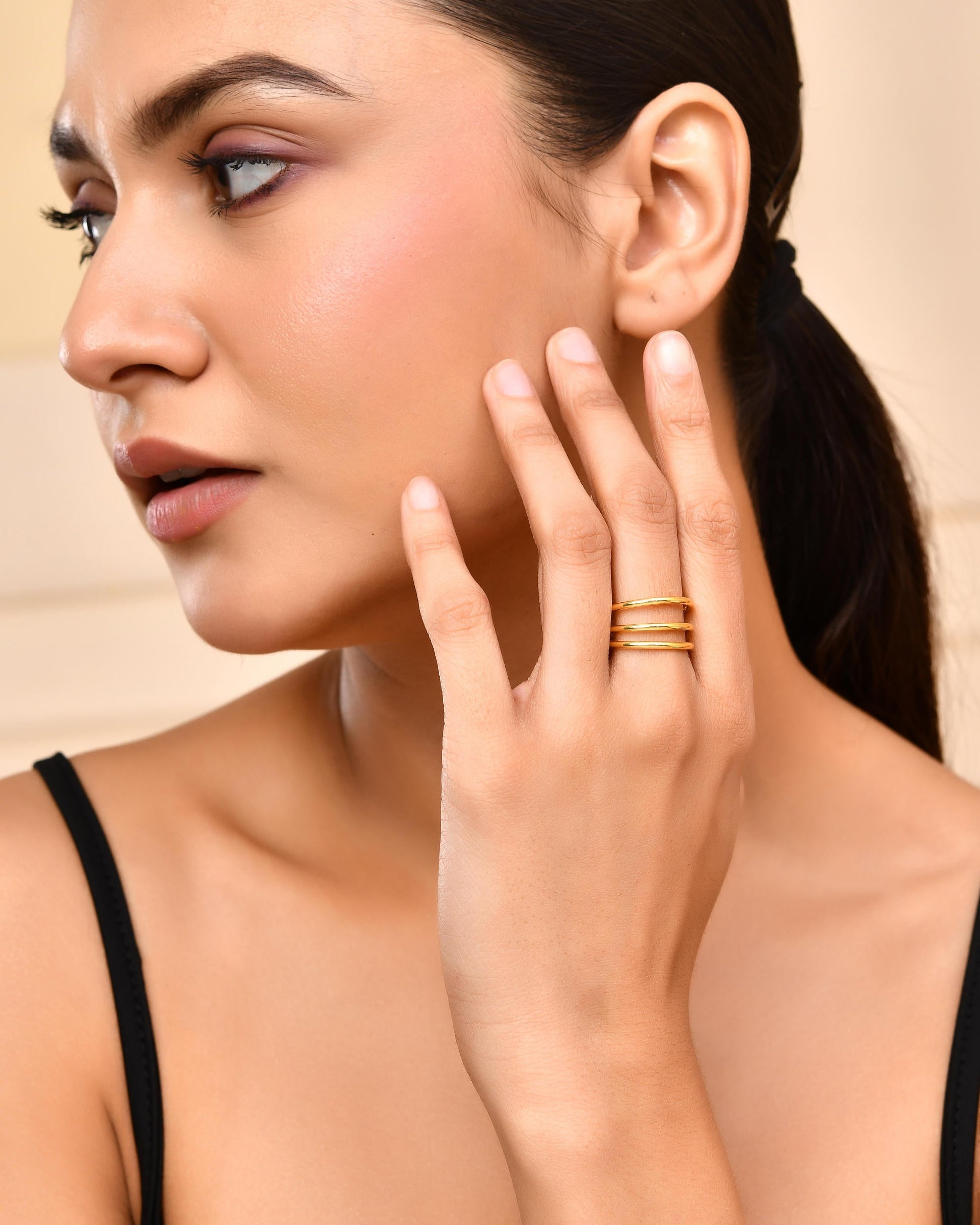 VOJ Gold-Polished Antitarnish Muti Layer Finger Ring 