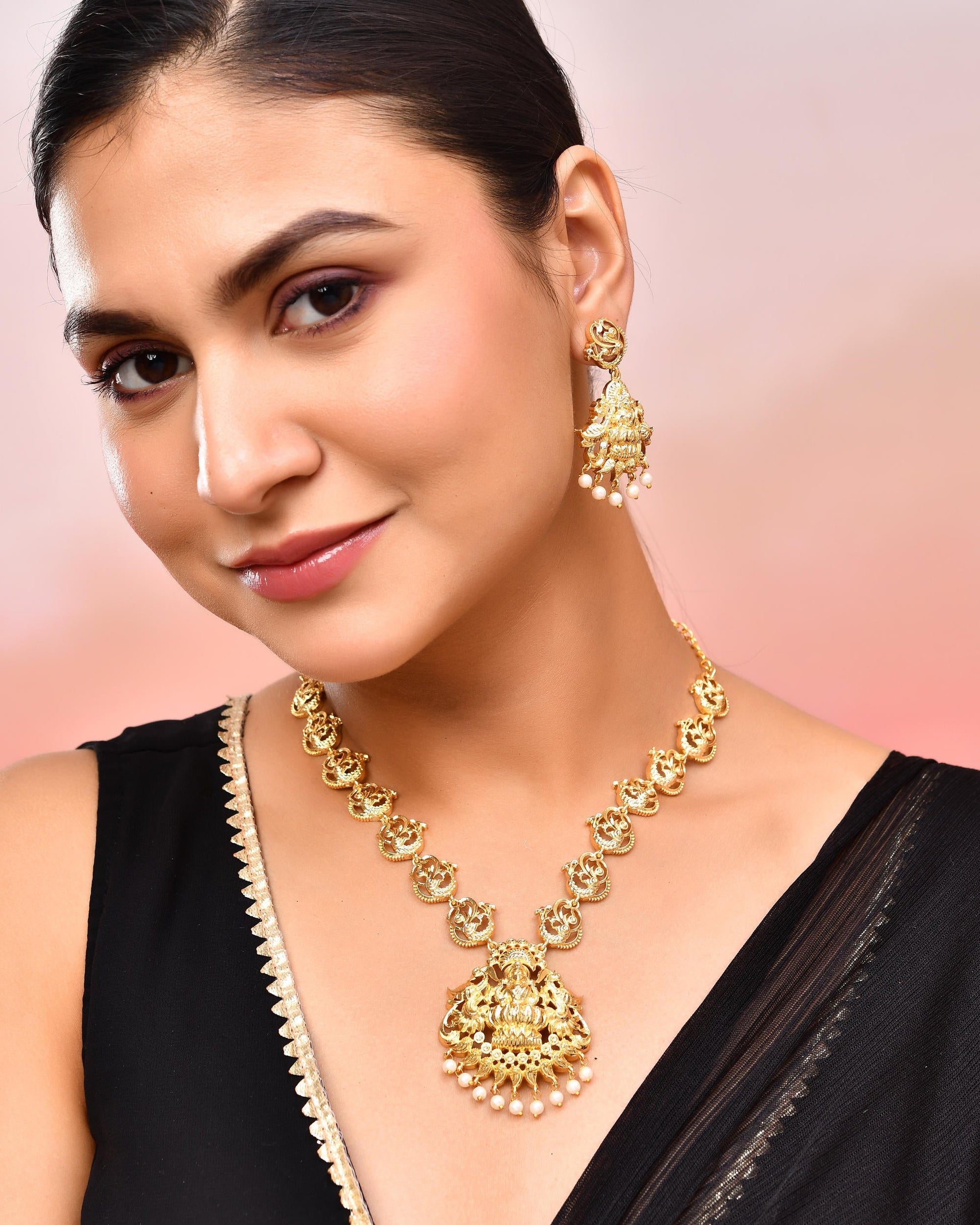 VOJ Gold-Polished Anti Tarnish Temple Jewellery Set VOJ (Valley Of Jewellery)