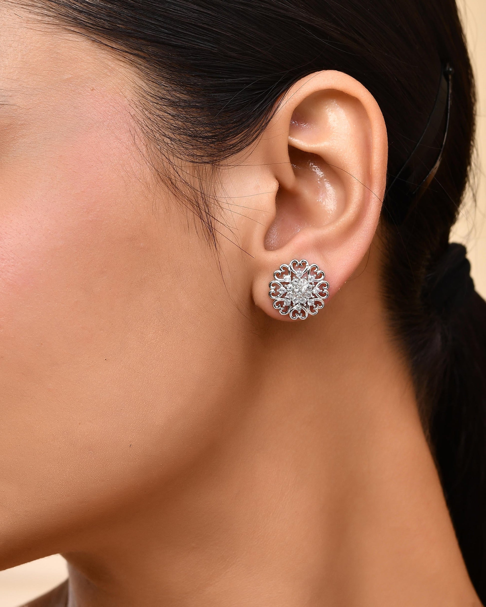 VOJ Silver Plated AD-Studded Flower Shape Stud Earrings VOJ (Valley Of Jewellery)