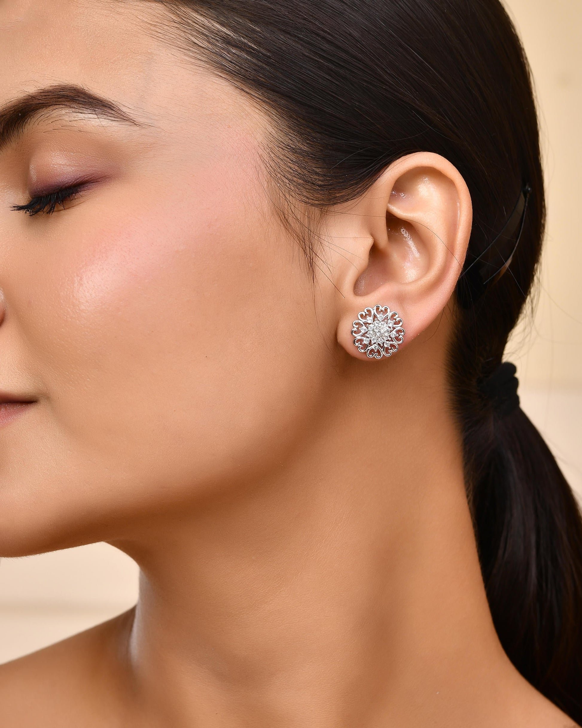 VOJ Silver Plated AD-Studded Flower Shape Stud Earrings VOJ (Valley Of Jewellery)