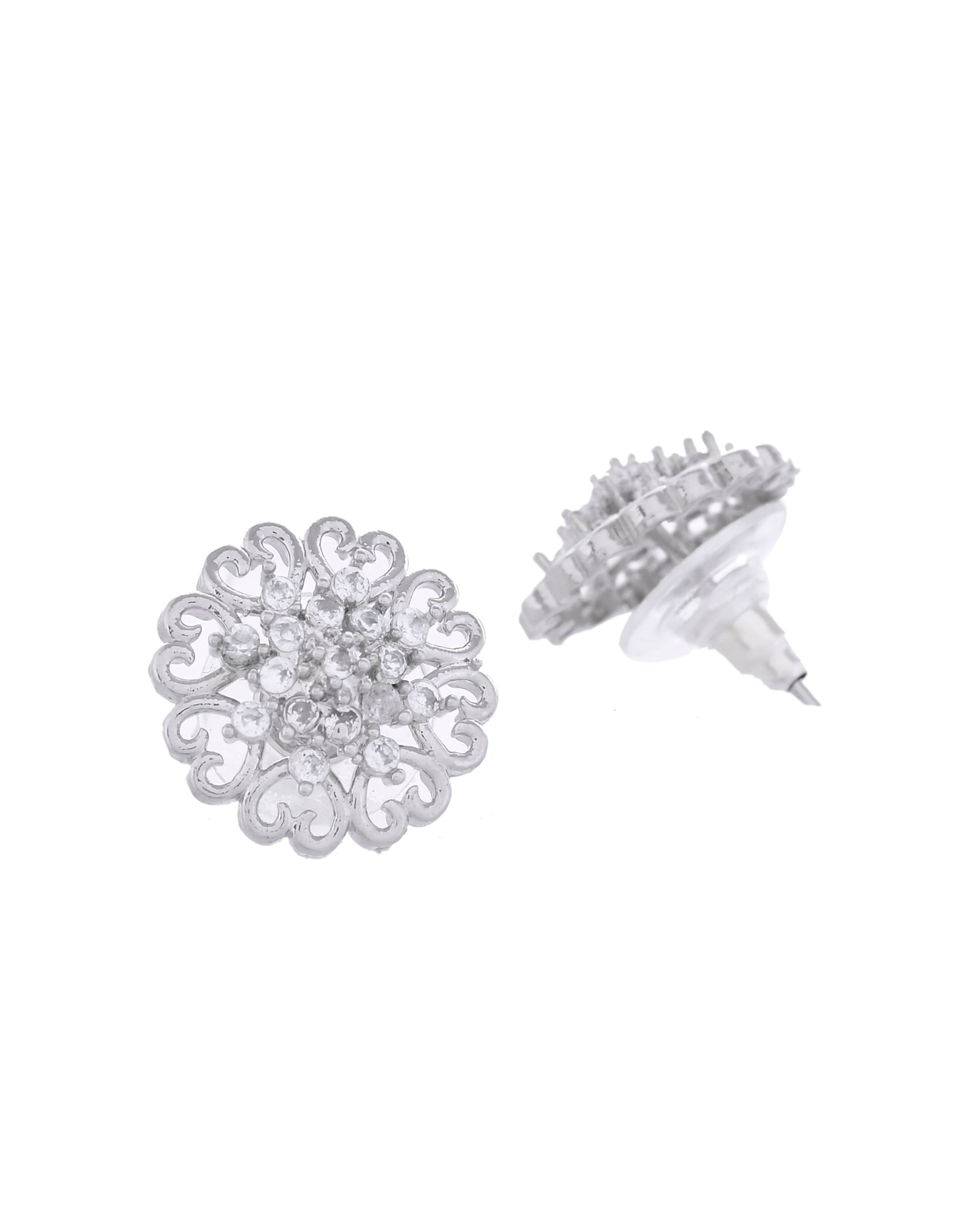 VOJ Silver Plated AD-Studded Flower Shape Stud Earrings VOJ (Valley Of Jewellery)