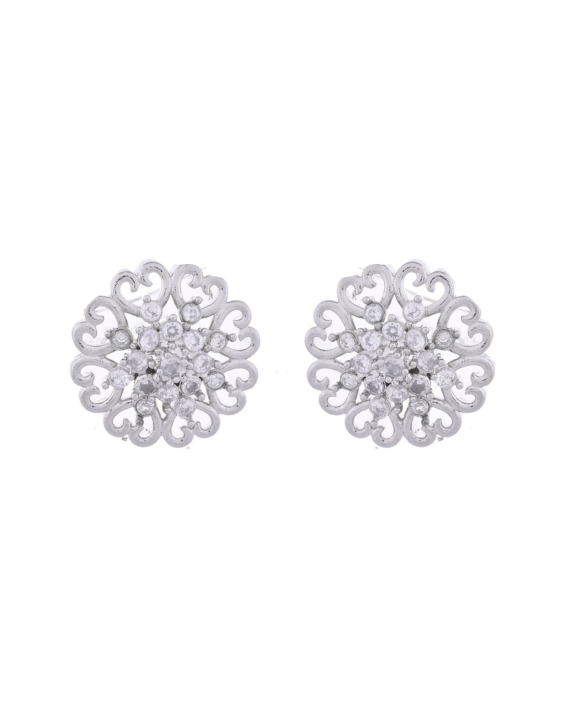 VOJ Silver Plated AD-Studded Flower Shape Stud Earrings VOJ (Valley Of Jewellery)