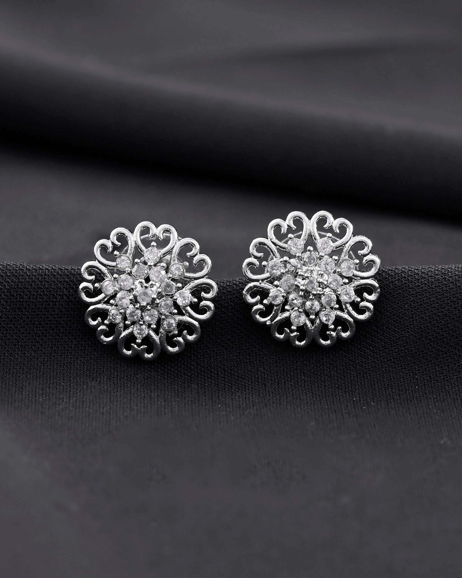 VOJ Silver Plated AD-Studded Flower Shape Stud Earrings VOJ (Valley Of Jewellery)